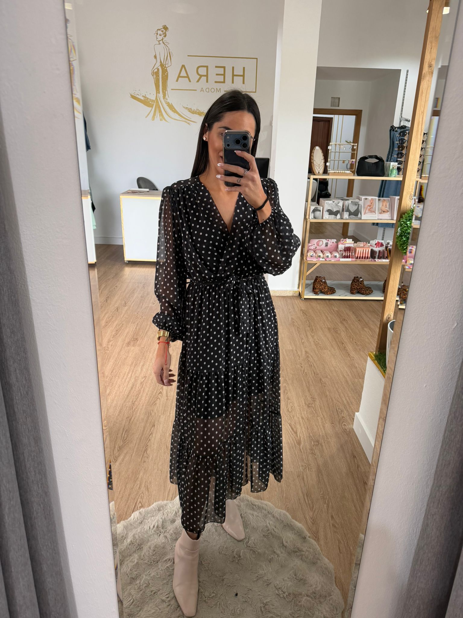 Vestido Largo Gasa Lunares - Cintura ajustable
