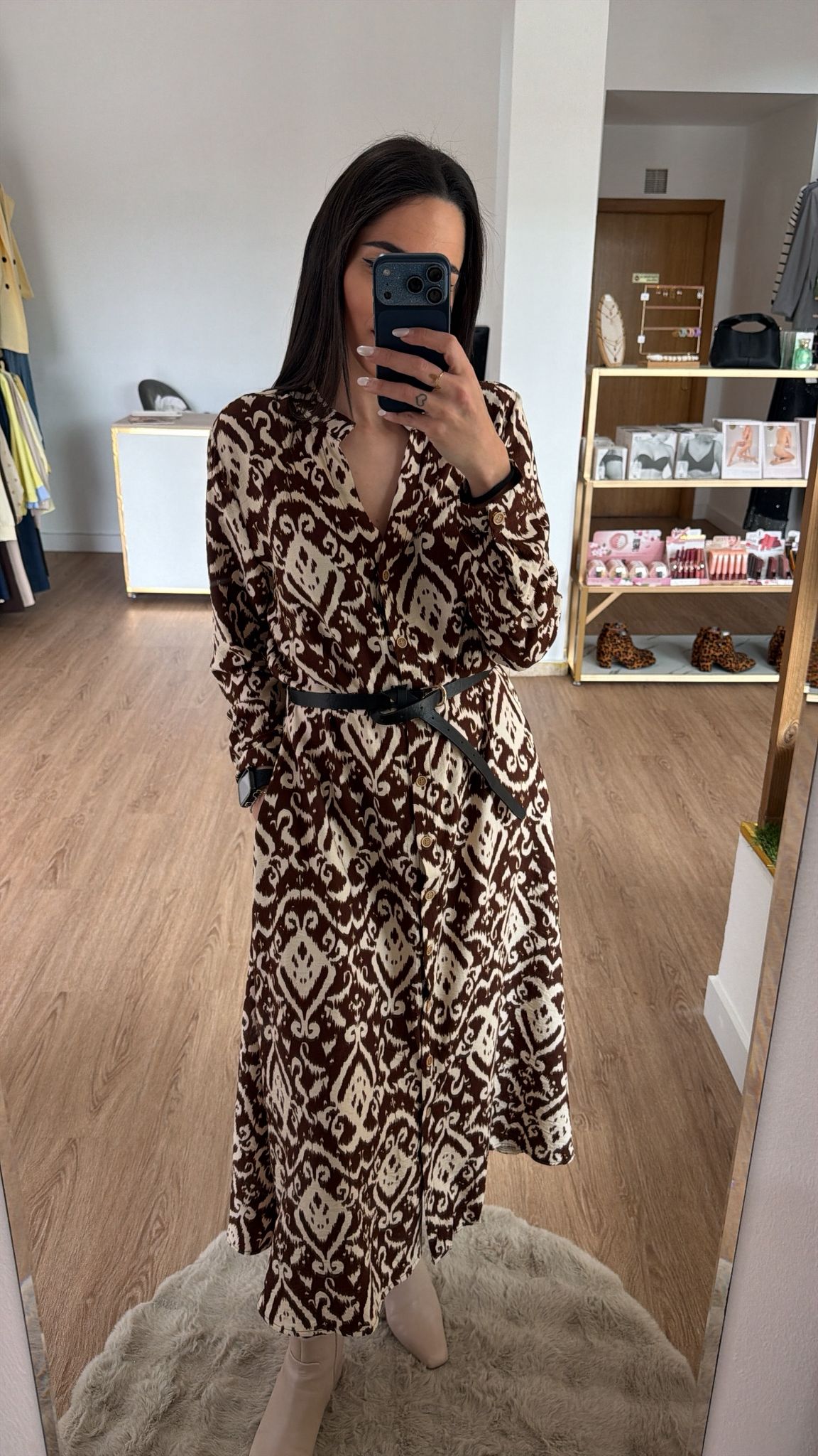 Vestido camisero Midi con Estampado Étnico y cinturón- 2 colores