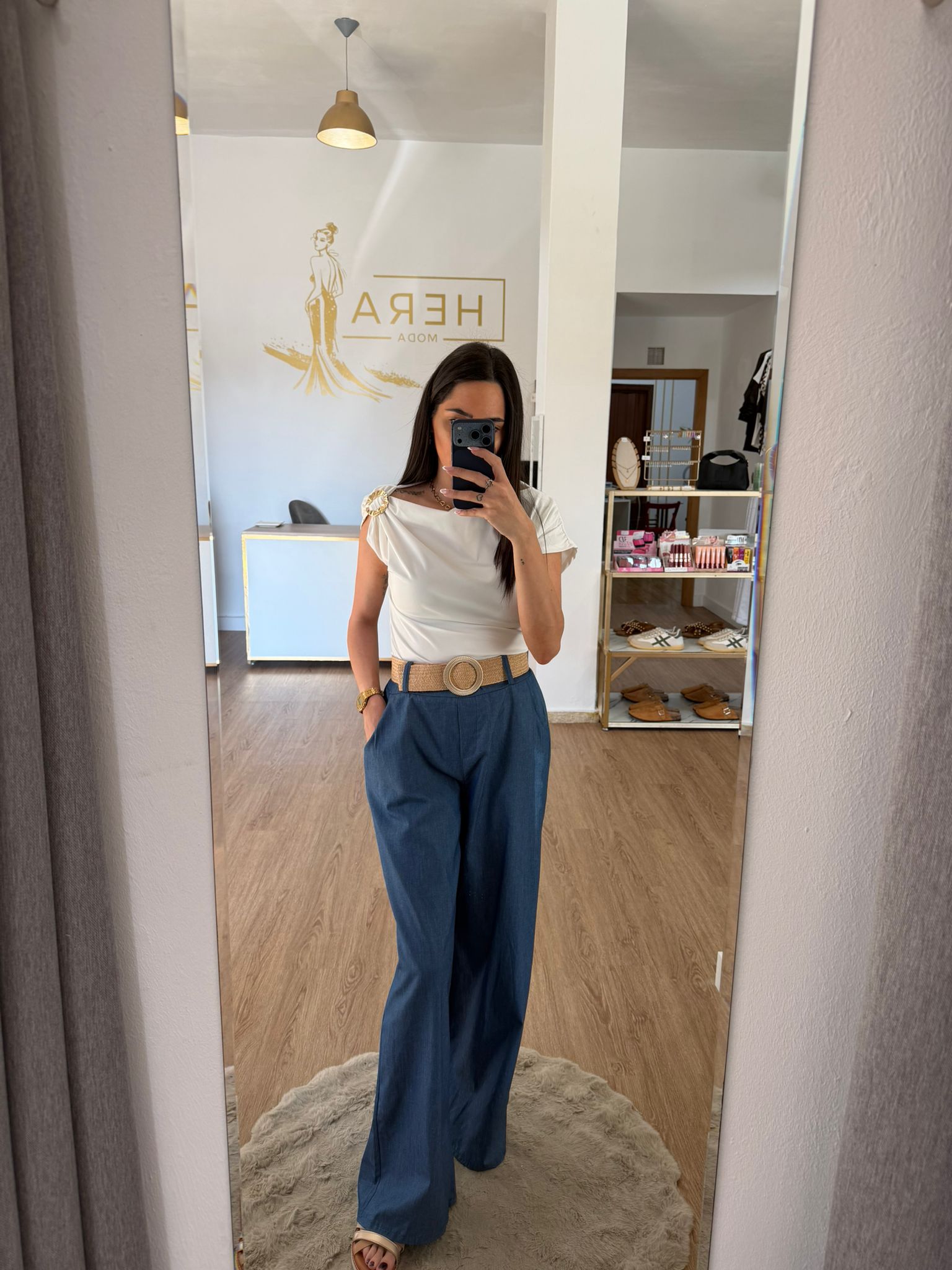 Pantalón Ancho Fluido Efecto Denim con Cinturón de Rafia / Pantalón Palazzo Ligero