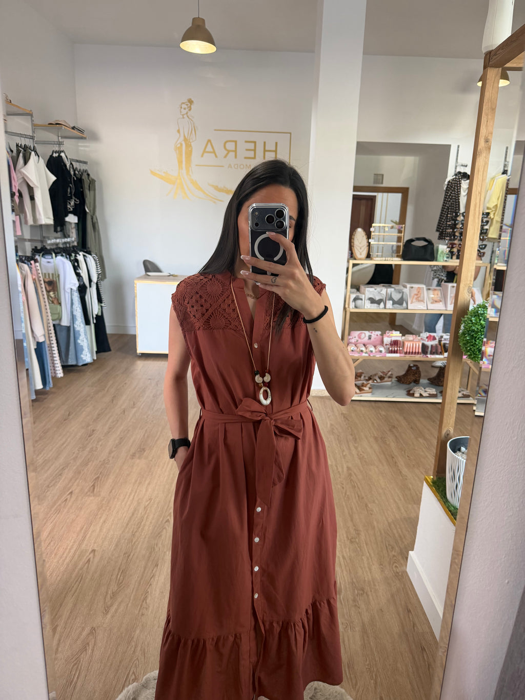 Vestido Camisero Midi sin Mangas con detalles en Encaje Calado - 3 colores