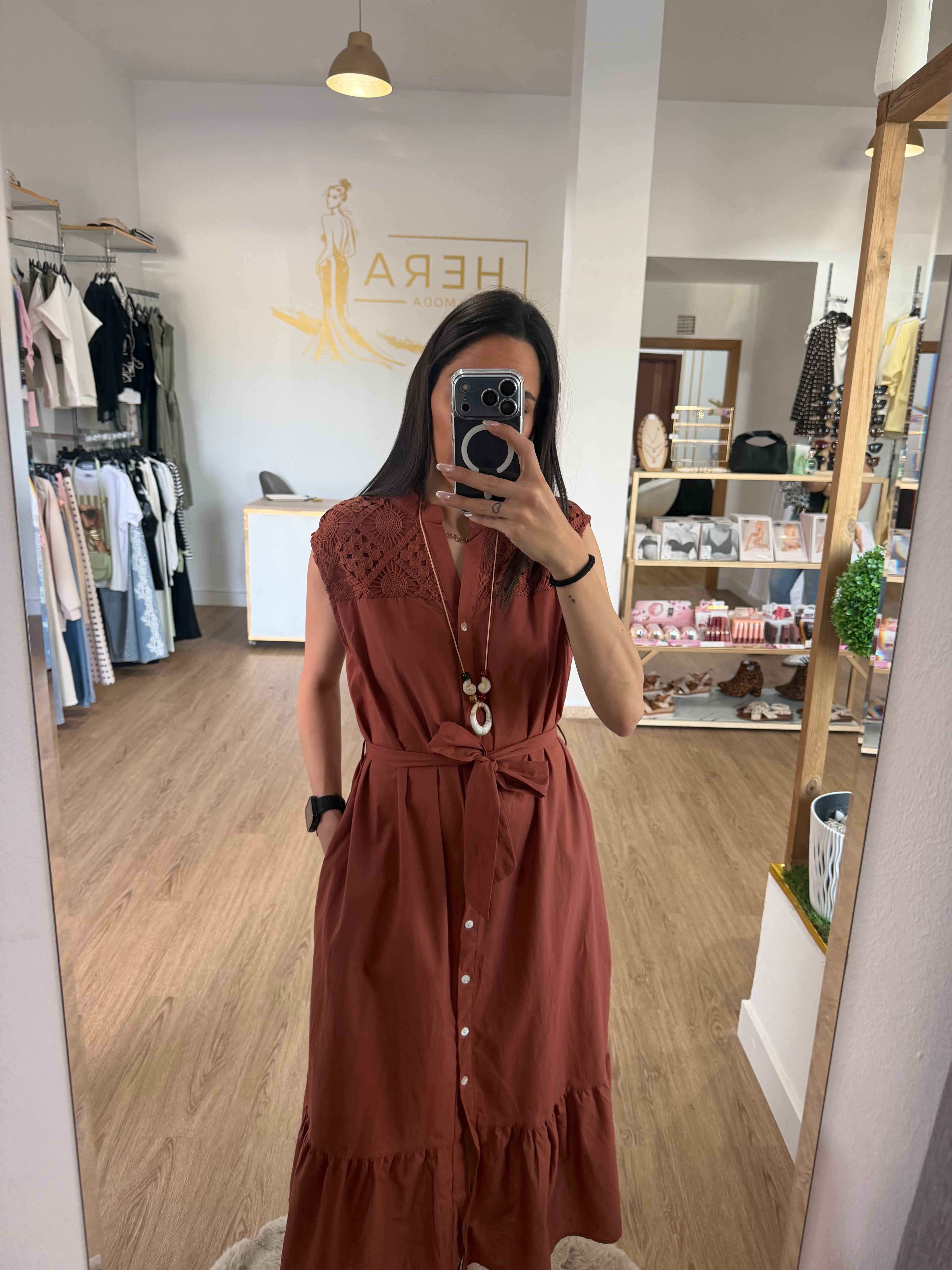 Vestido Camisero Midi sin Mangas con detalles en Encaje Calado - 3 colores