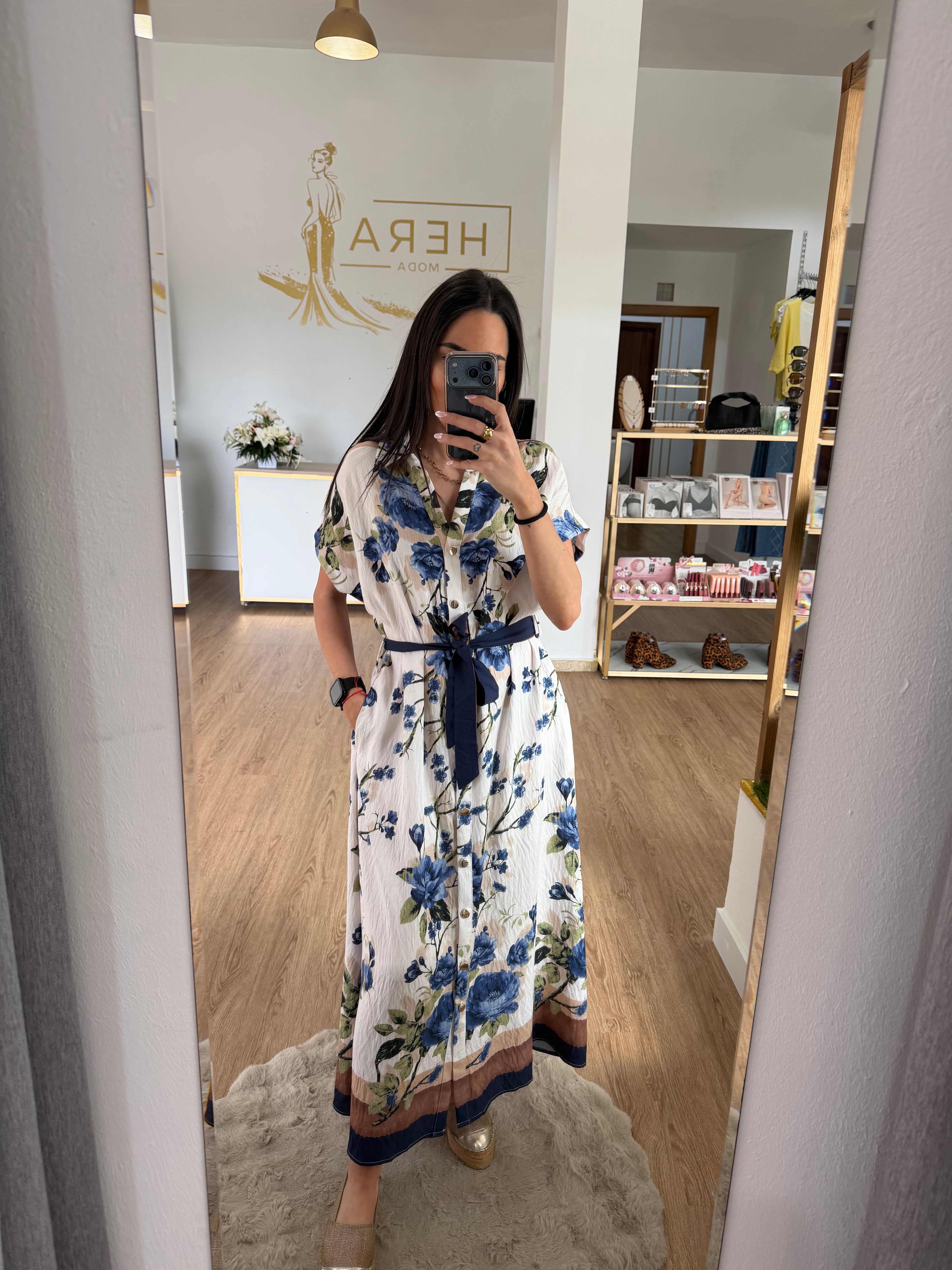 Vestido Camisero Midi con Estampado Floral y Cinturón