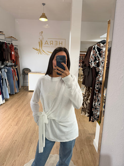 Blusa Bambula con Nudo Lateral / Top Manga Larga Texturizada