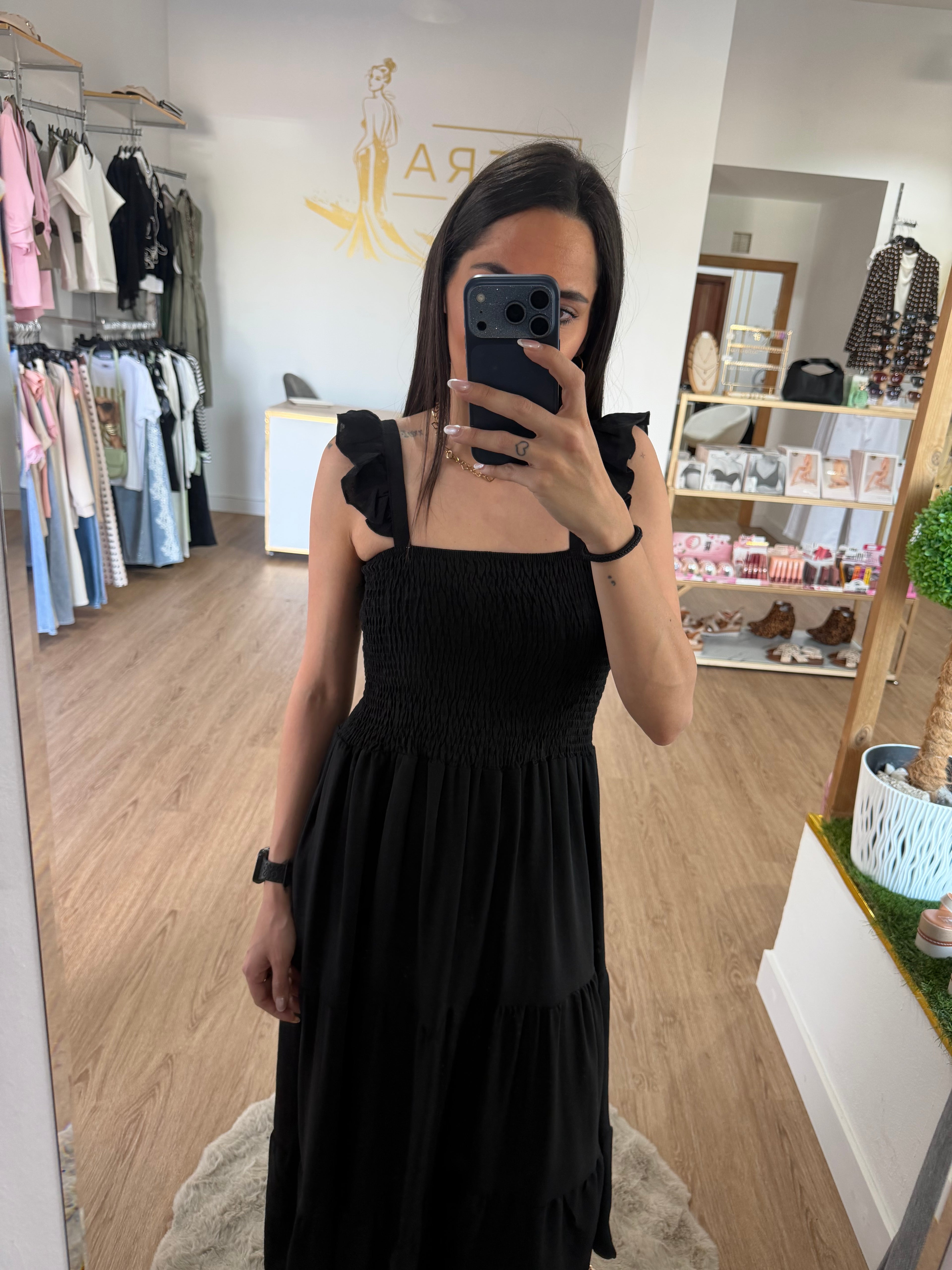 Vestidos Largo de Tirantes con Volante y Cuerpo de Nido de Abeja - 3 colores
