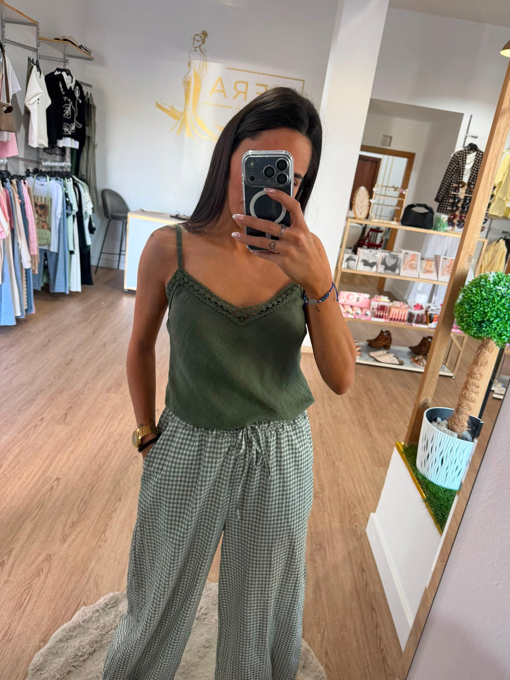 Pantalón Fluido de Cuadros Vichy - Pantalón Bombacho Ligero Mujer