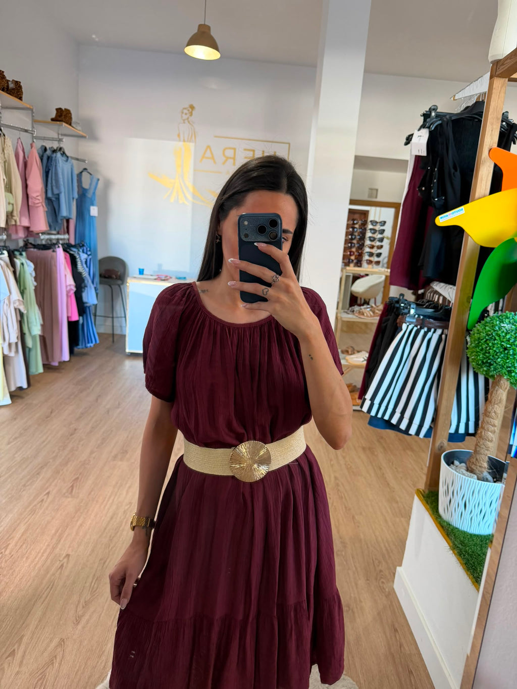 Vestido Midi Bambula Texturizado / Vestido Fluido de Manga Corta con Volante