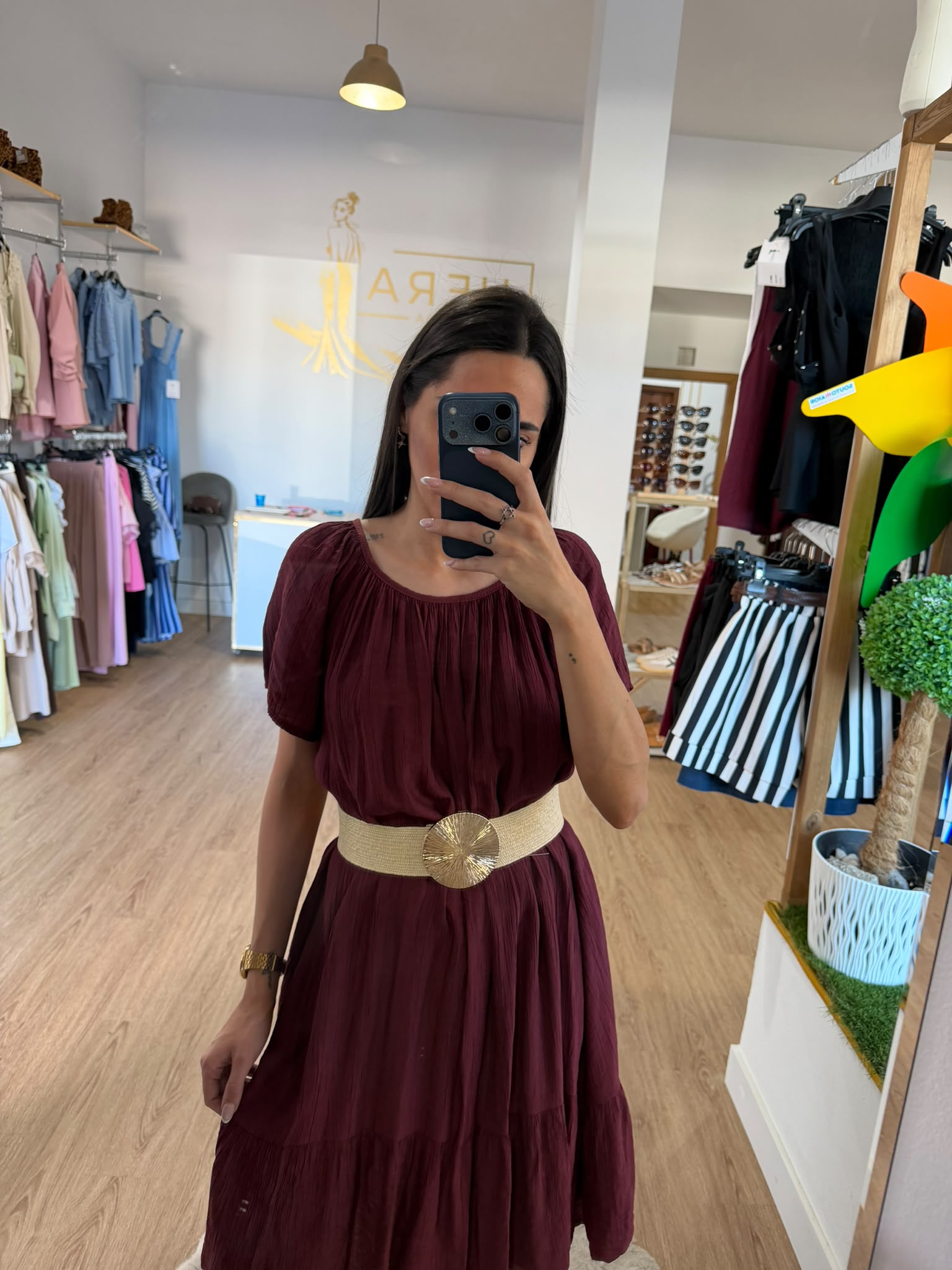 Vestido Midi Bambula Texturizado / Vestido Fluido de Manga Corta con Volante