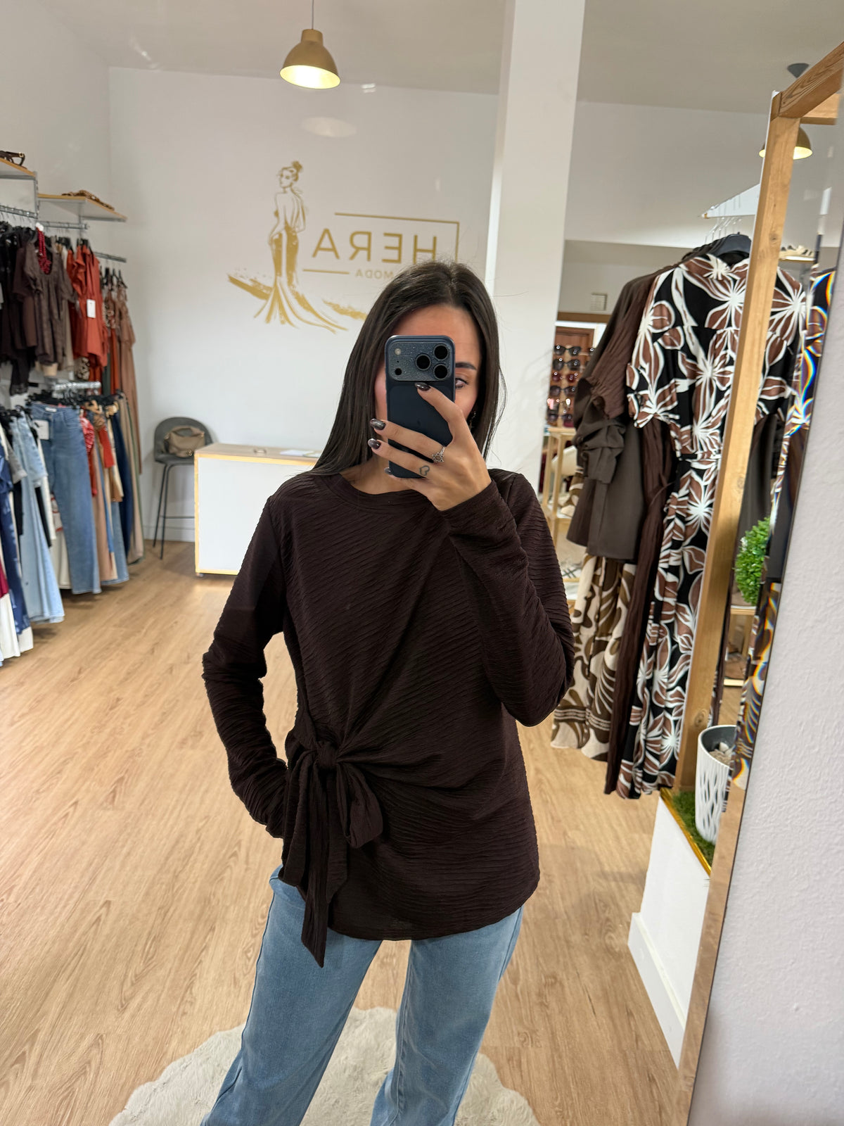 Blusa Bambula con Nudo Lateral / Top Manga Larga Texturizada
