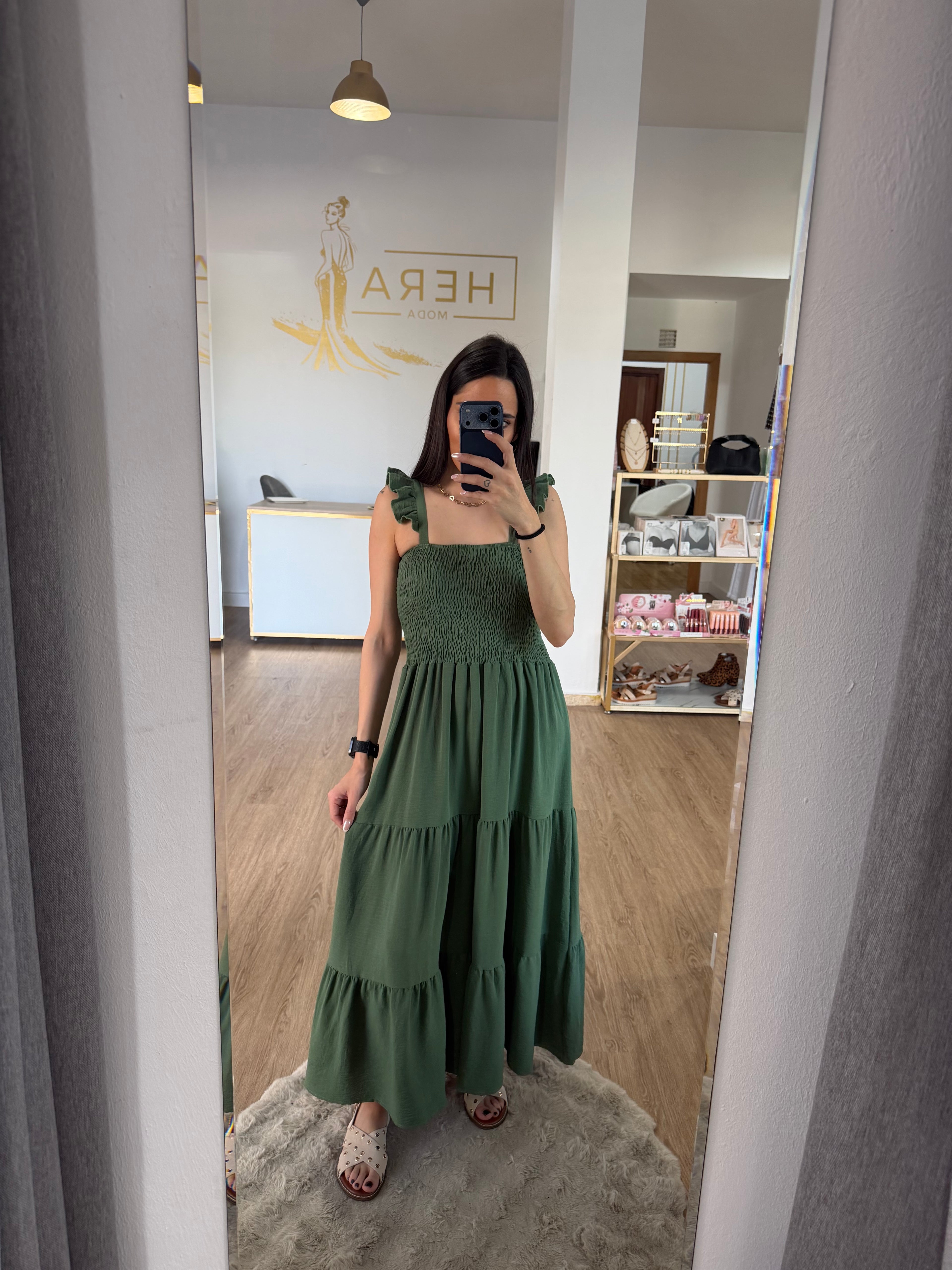 Vestidos Largo de Tirantes con Volante y Cuerpo de Nido de Abeja - 3 colores