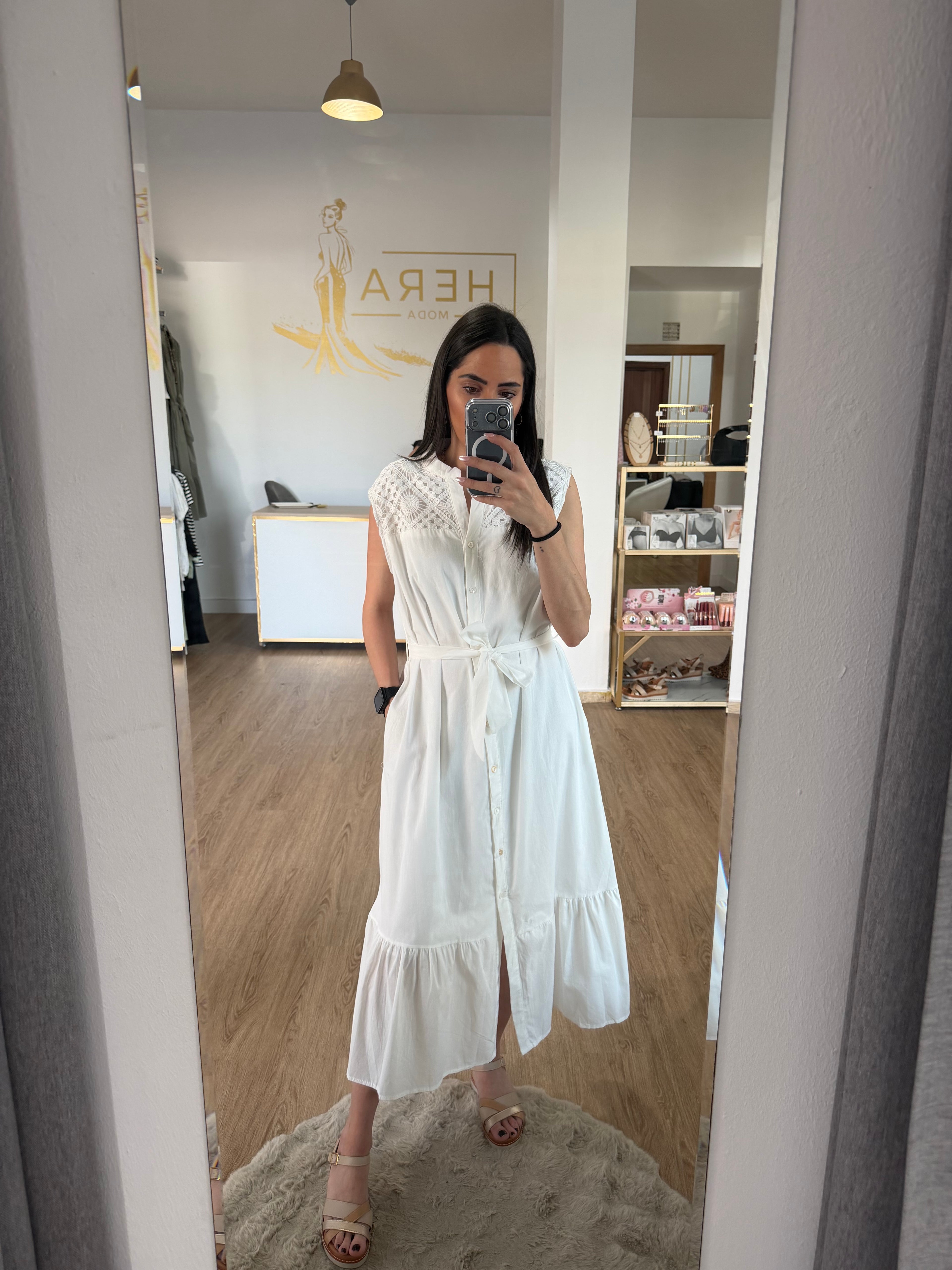 Vestido Camisero Midi sin Mangas con detalles en Encaje Calado - 3 colores