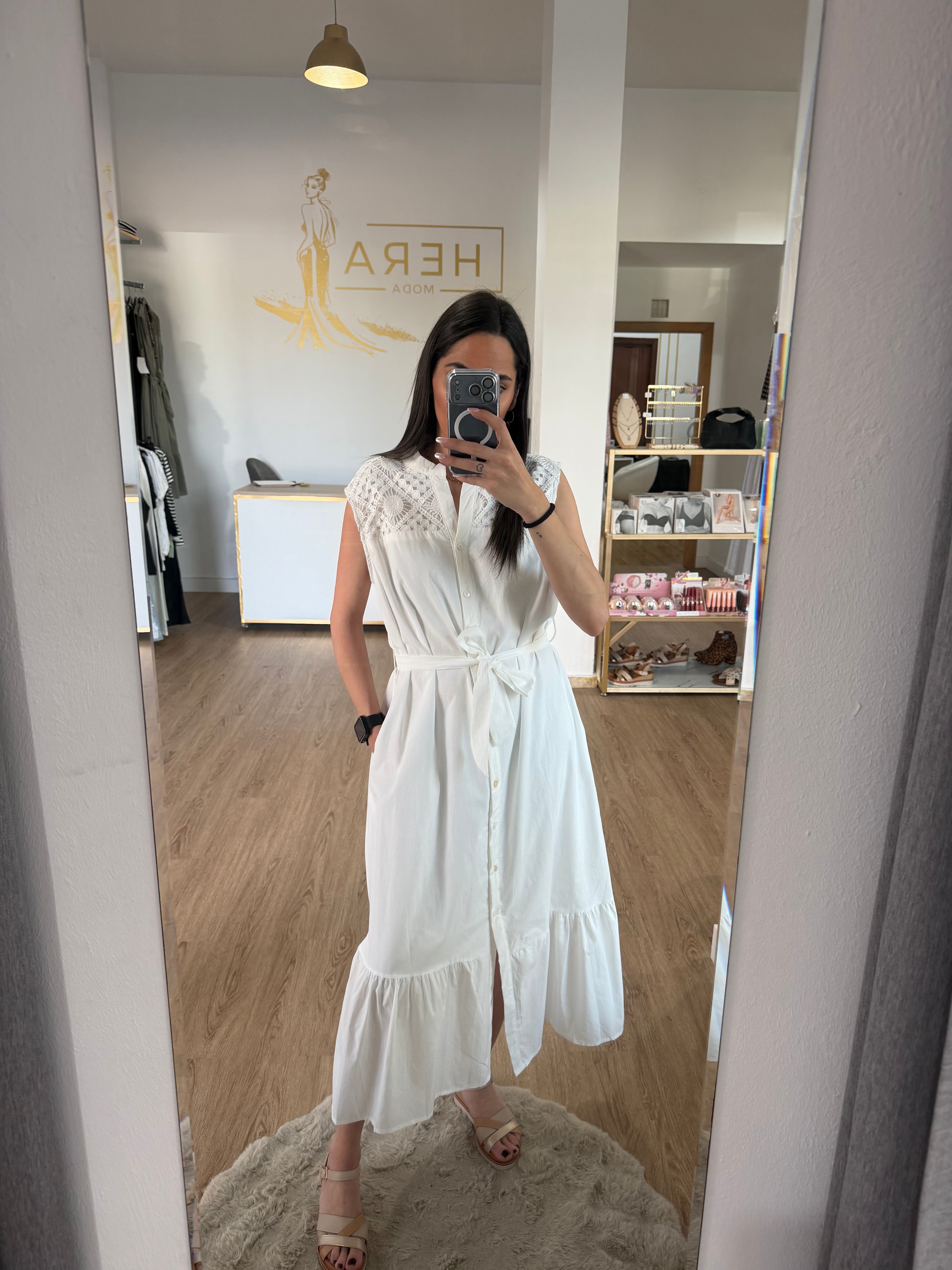 Vestido Camisero Midi sin Mangas con detalles en Encaje Calado - 3 colores