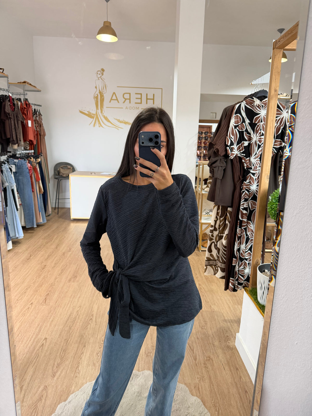 Blusa Bambula con Nudo Lateral / Top Manga Larga Texturizada