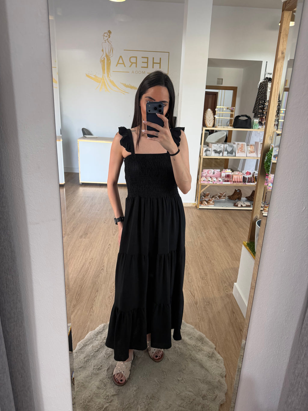 Vestidos Largo de Tirantes con Volante y Cuerpo de Nido de Abeja - 3 colores