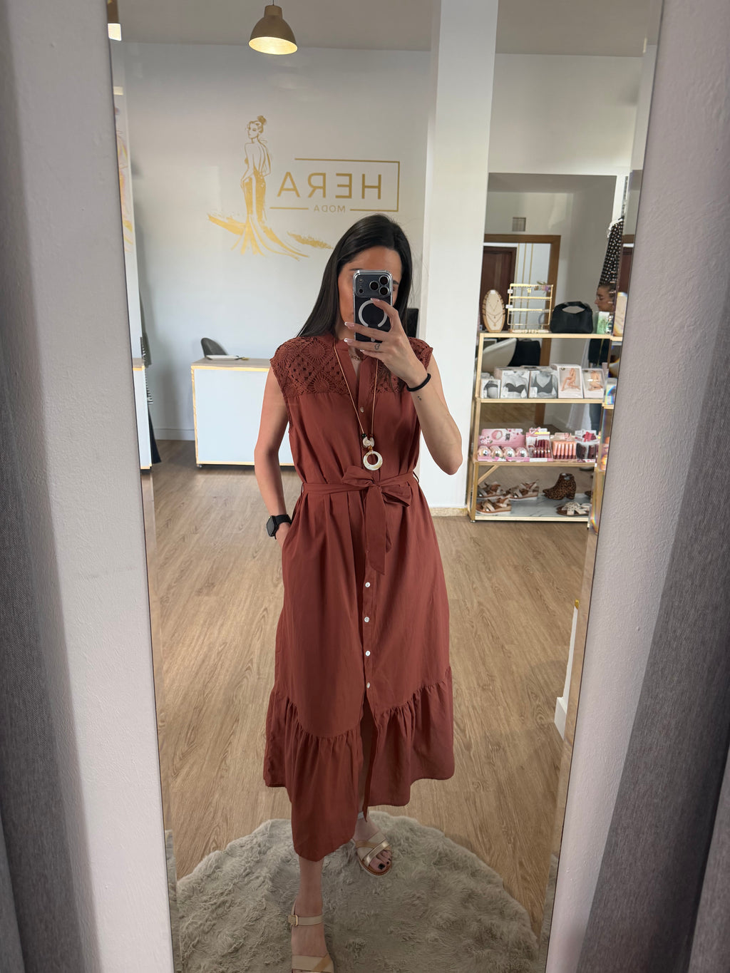 Vestido Camisero Midi sin Mangas con detalles en Encaje Calado - 3 colores