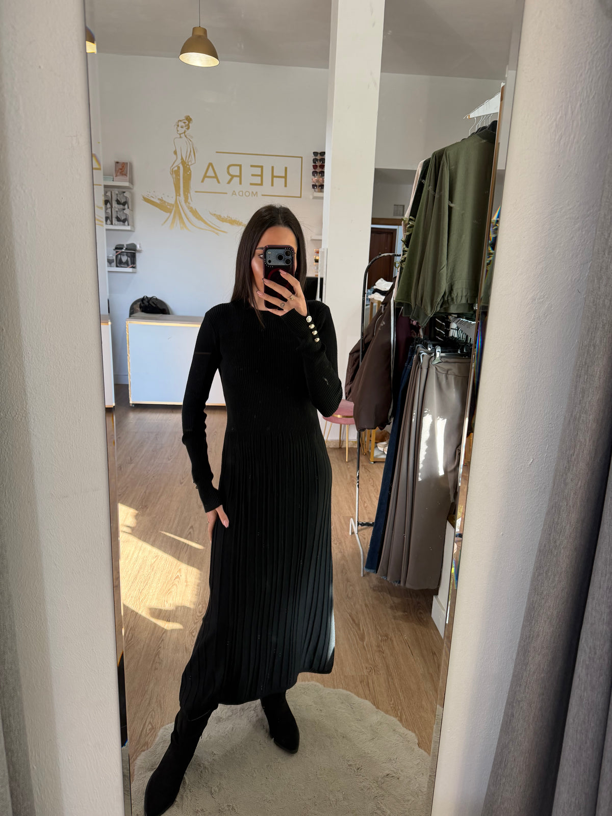 Vestido Midi de Punto Canalé con Botones en Puños