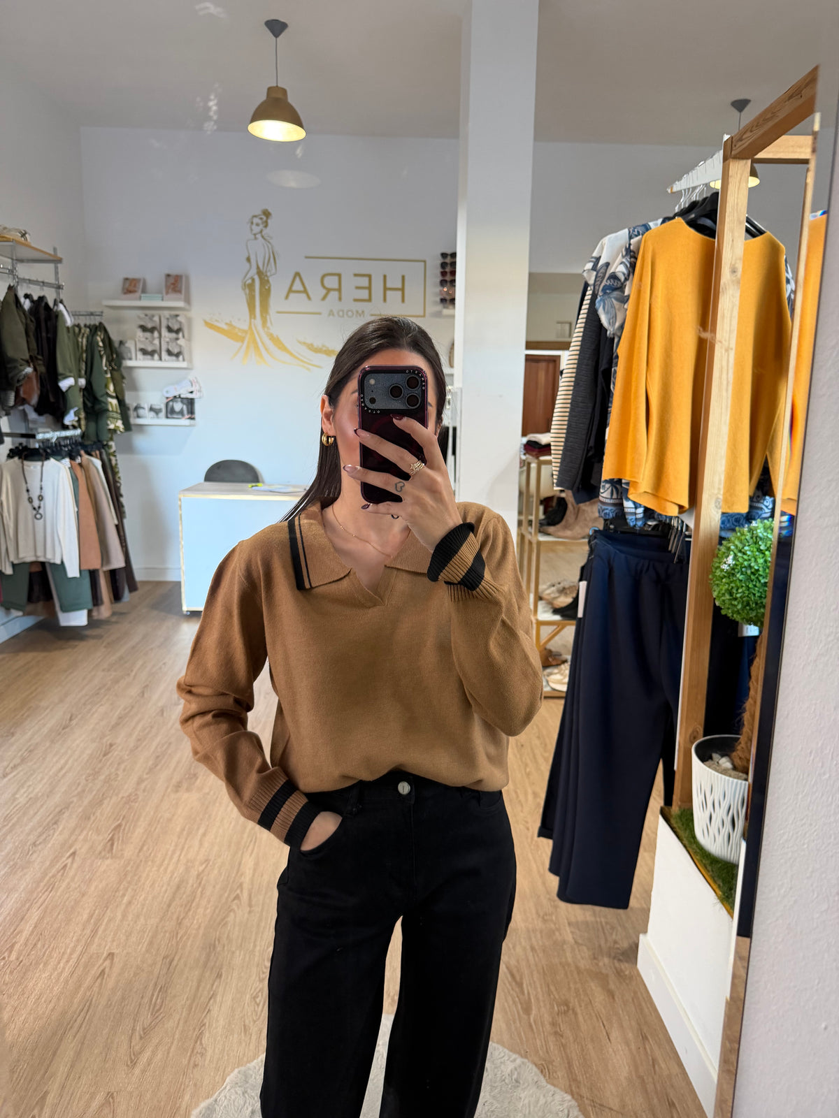 Jersey de Punto Fino Estilo Polo con Rayas en Contraste