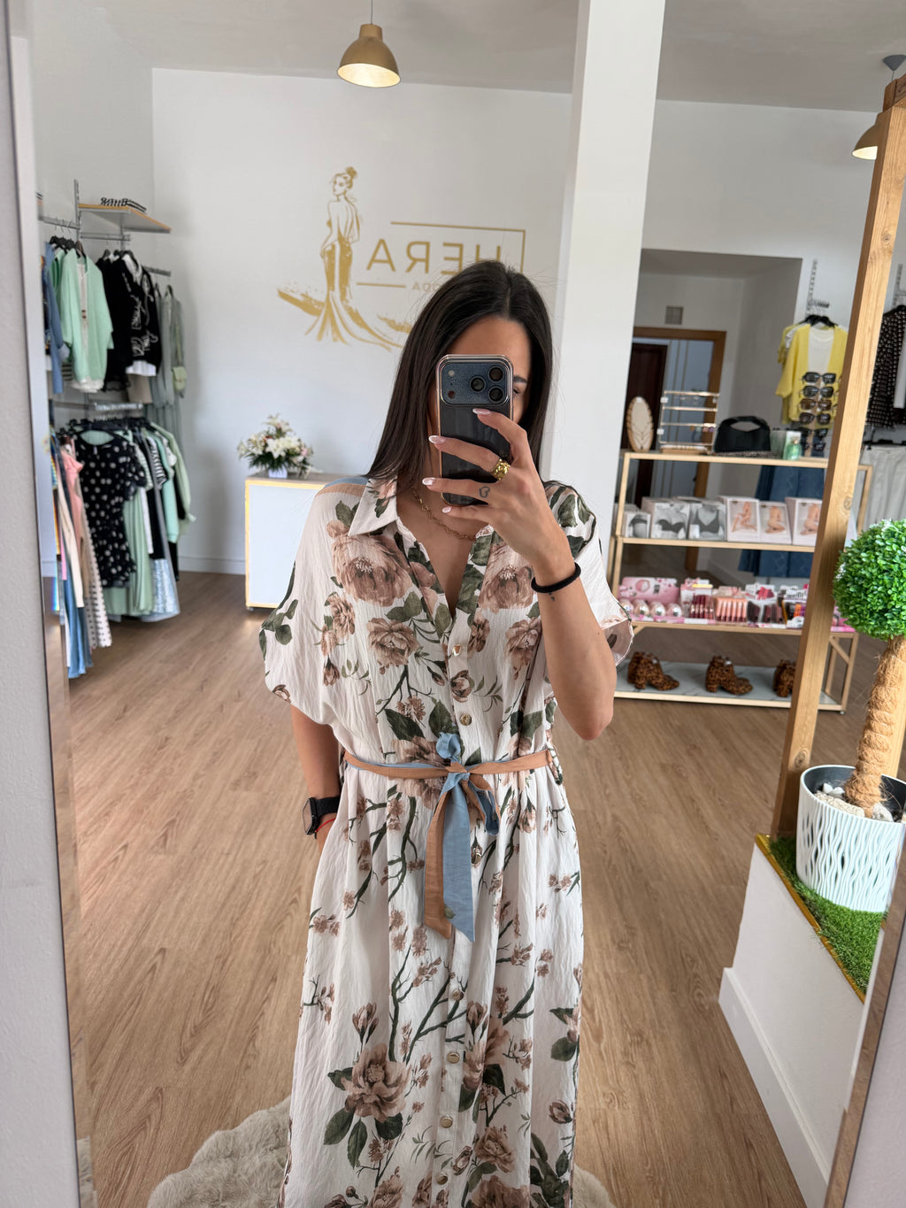 Vestido Camisero Midi con Estampado Floral y Cinturón