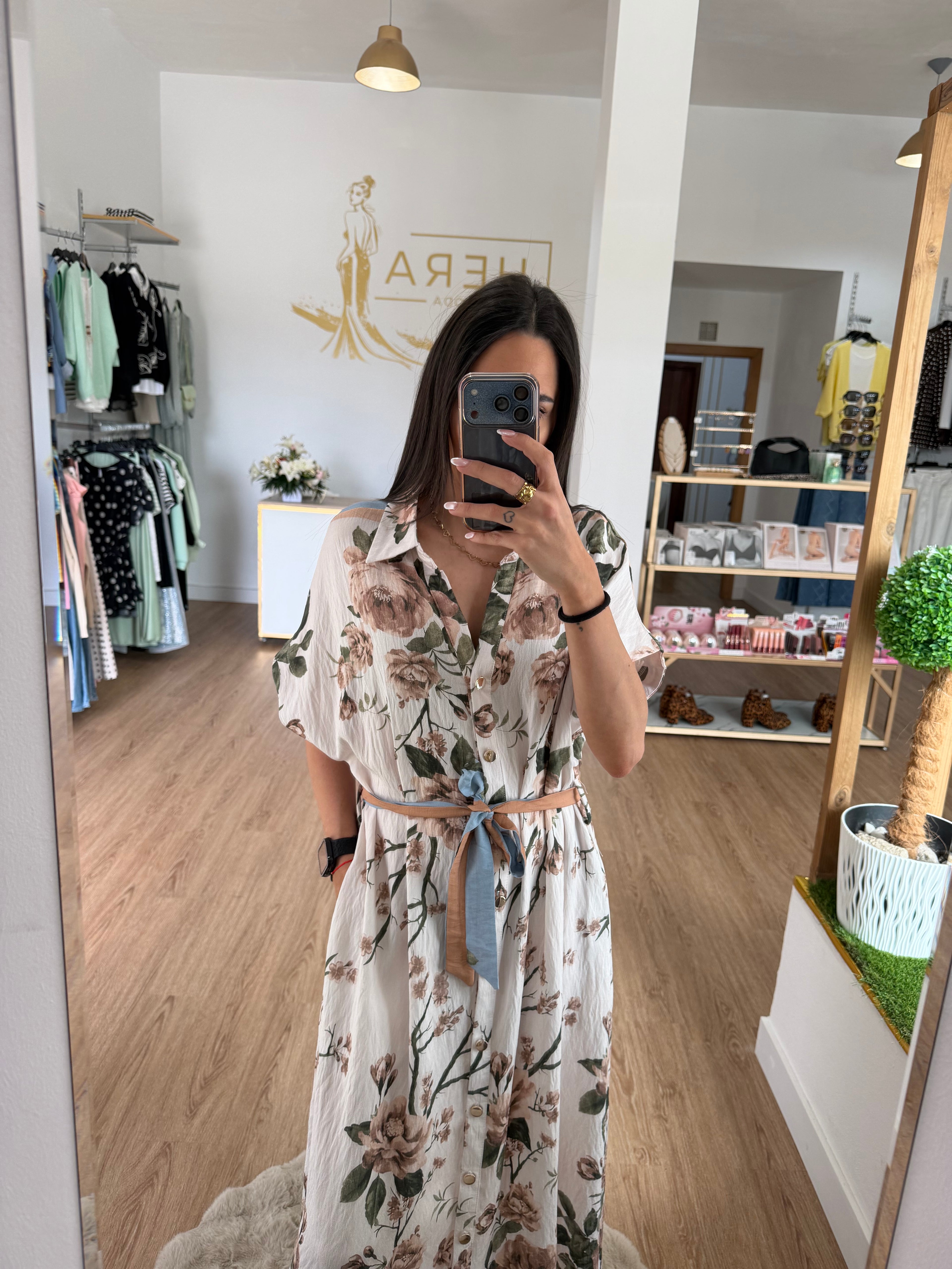 Vestido Camisero Midi con Estampado Floral y Cinturón