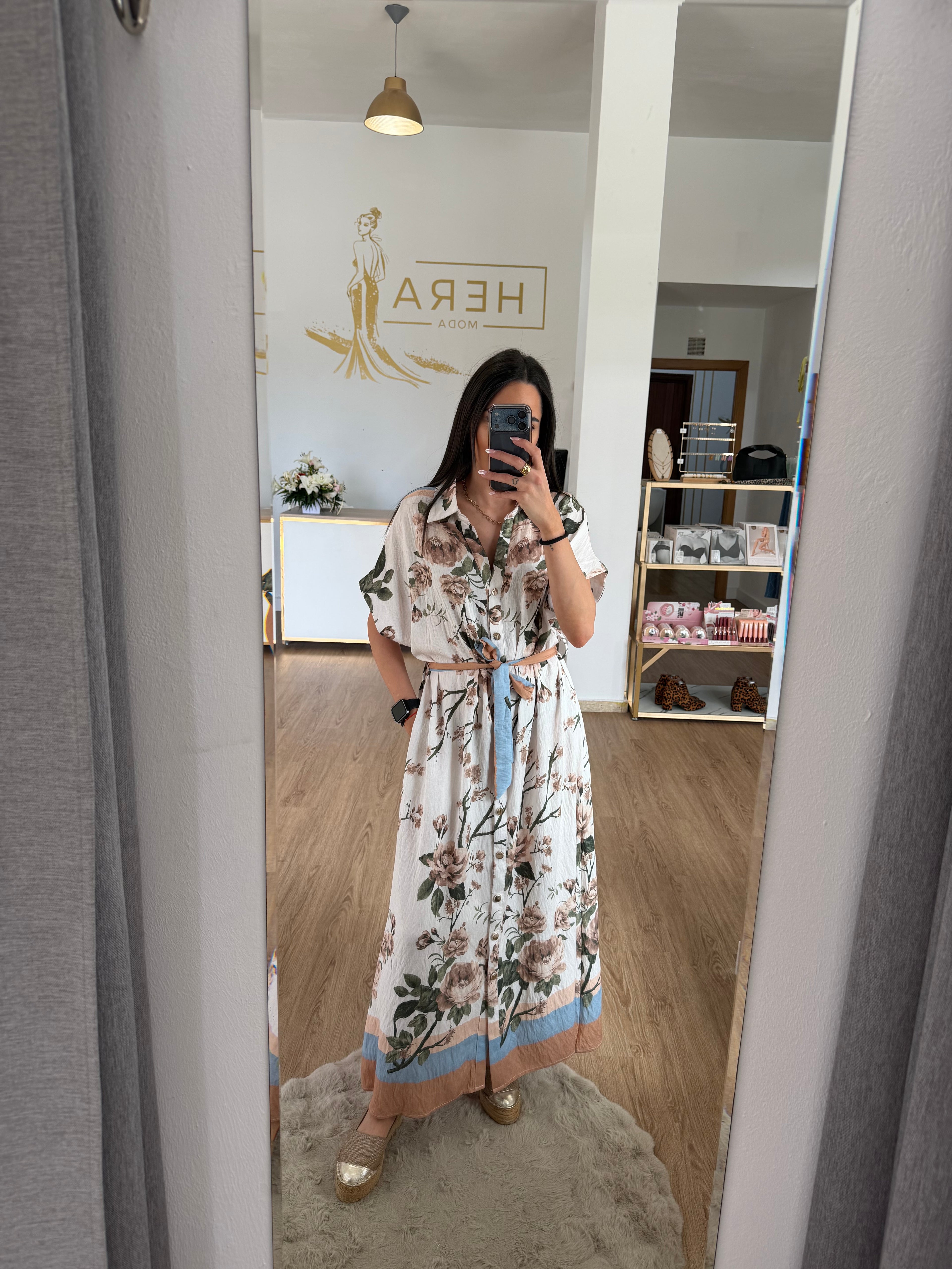Vestido Camisero Midi con Estampado Floral y Cinturón