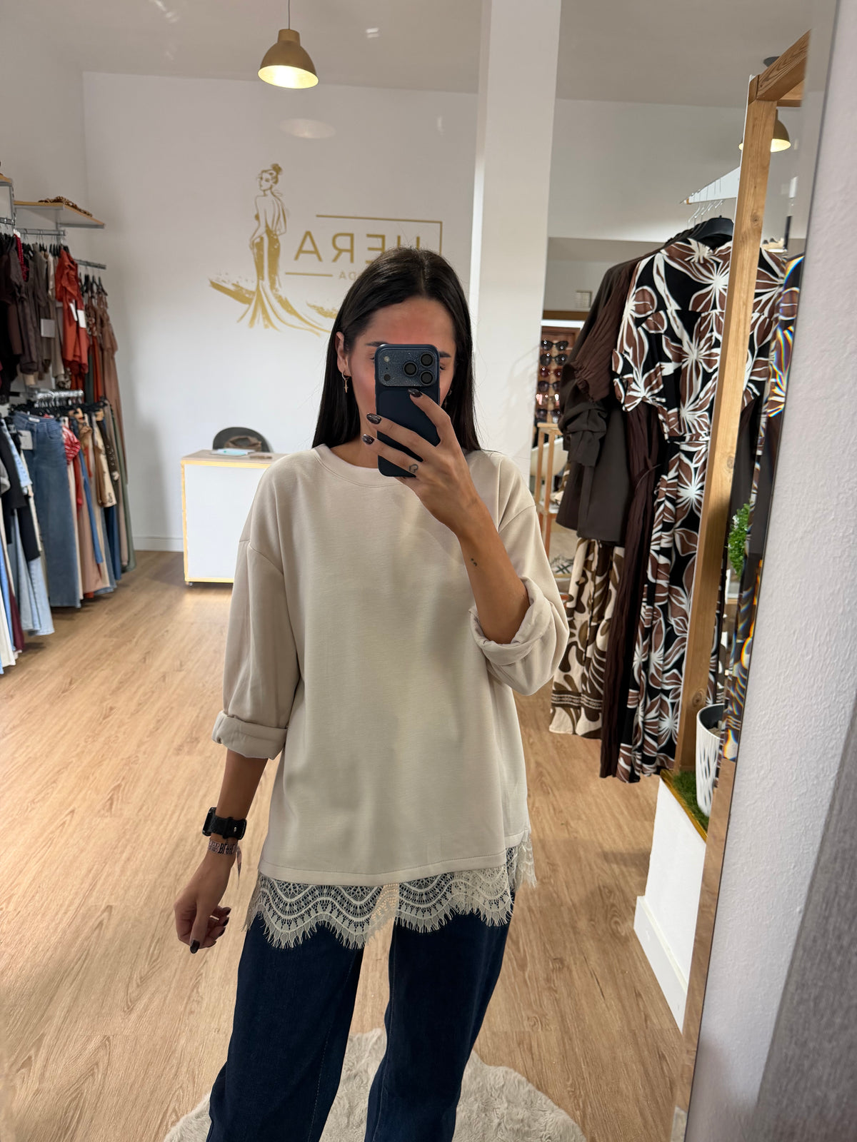 Sudadera con Encaje en el Bajo/ Sudadera Fina Varios Colores