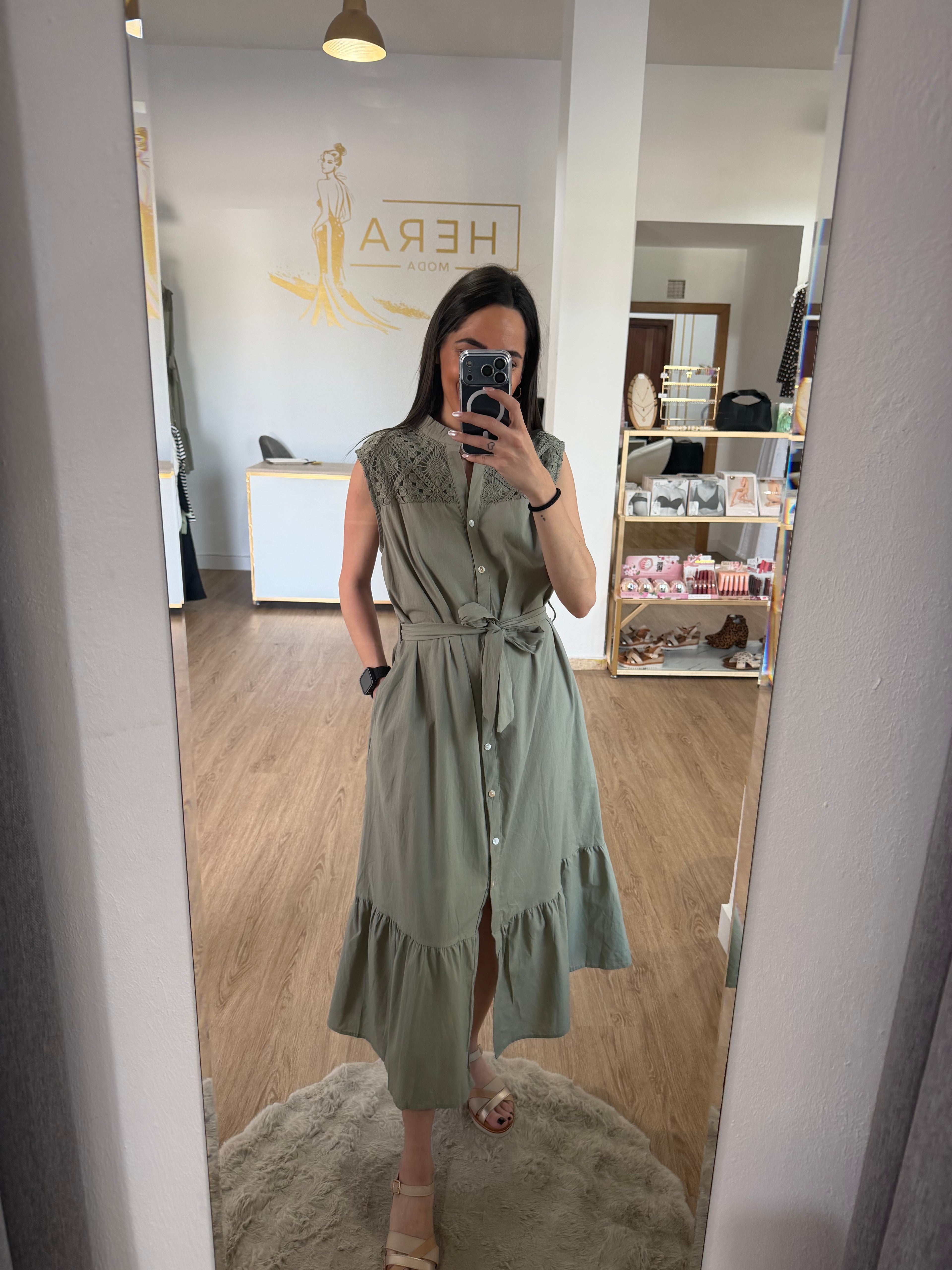 Vestido Camisero Midi sin Mangas con detalles en Encaje Calado - 3 colores