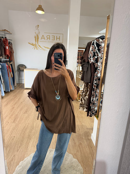 Blusa Bambula con Volantes en Manga / Top Fluido Texturizado
