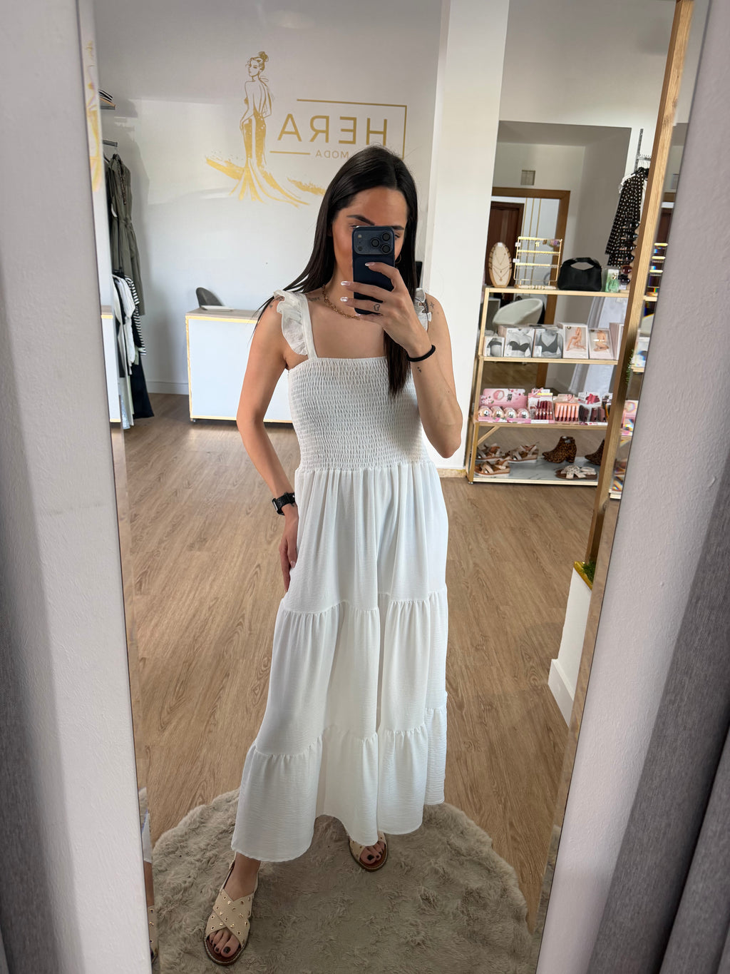 Vestidos Largo de Tirantes con Volante y Cuerpo de Nido de Abeja - 3 colores
