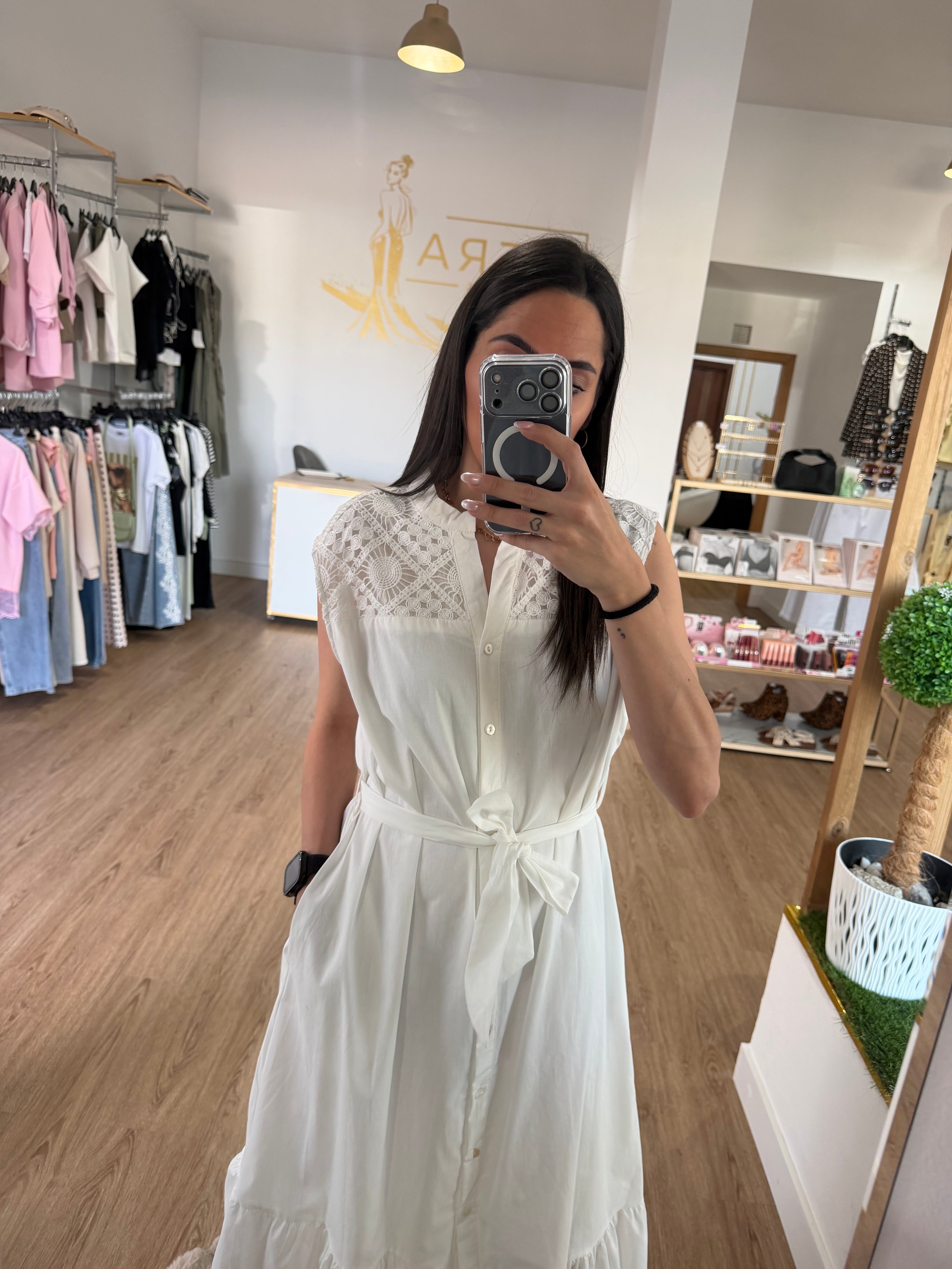 Vestido Camisero Midi sin Mangas con detalles en Encaje Calado - 3 colores