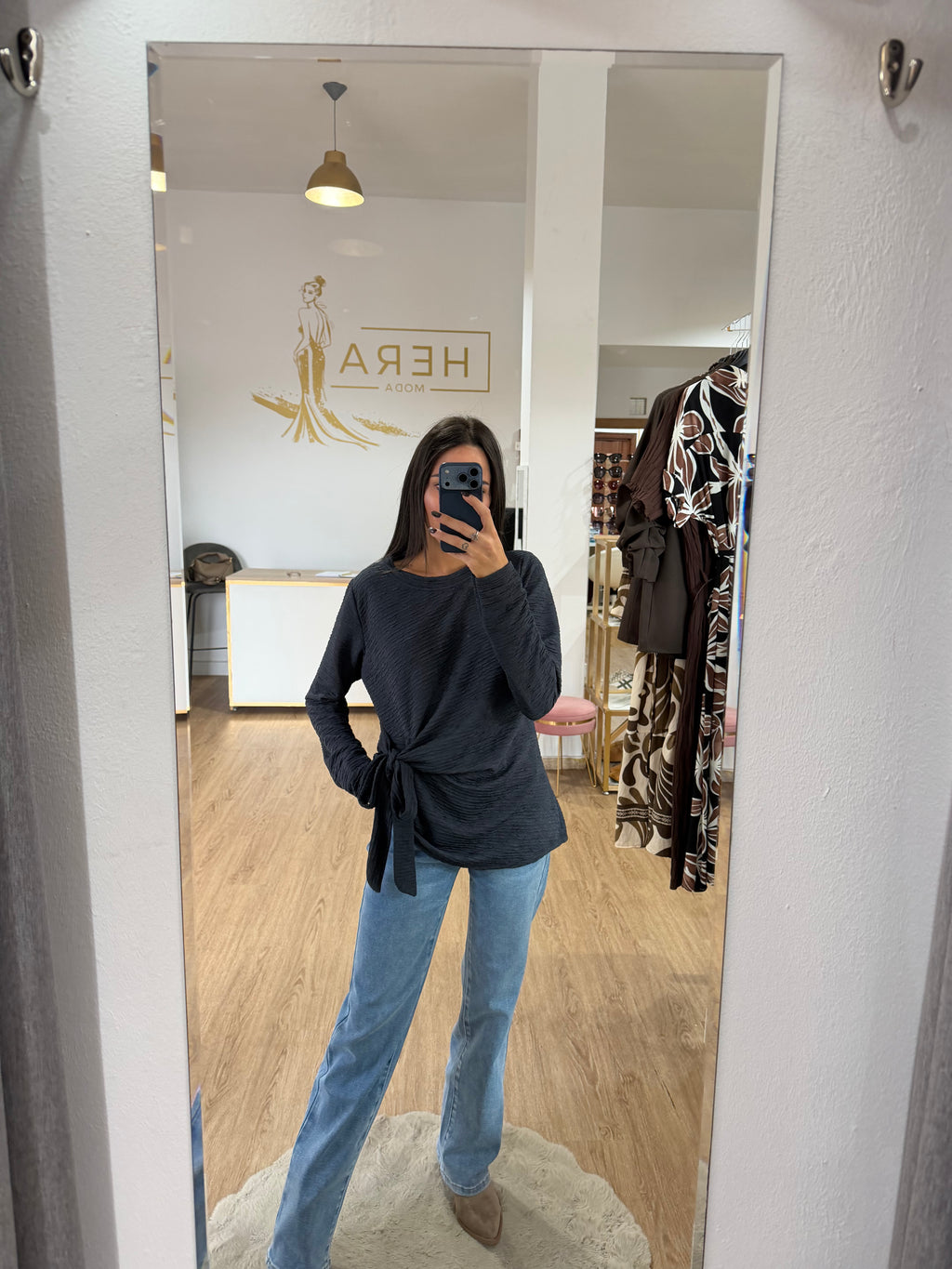 Blusa Bambula con Nudo Lateral / Top Manga Larga Texturizada