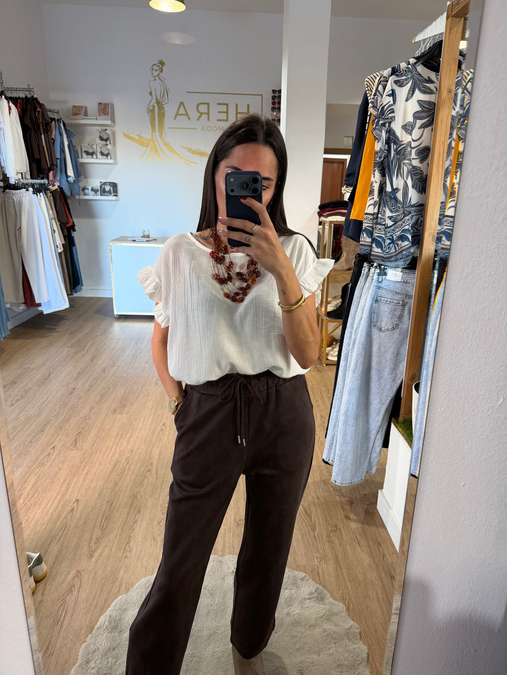 Pantalón recto de ante con Cintura elástica / Pantalón jogger suave y elegante