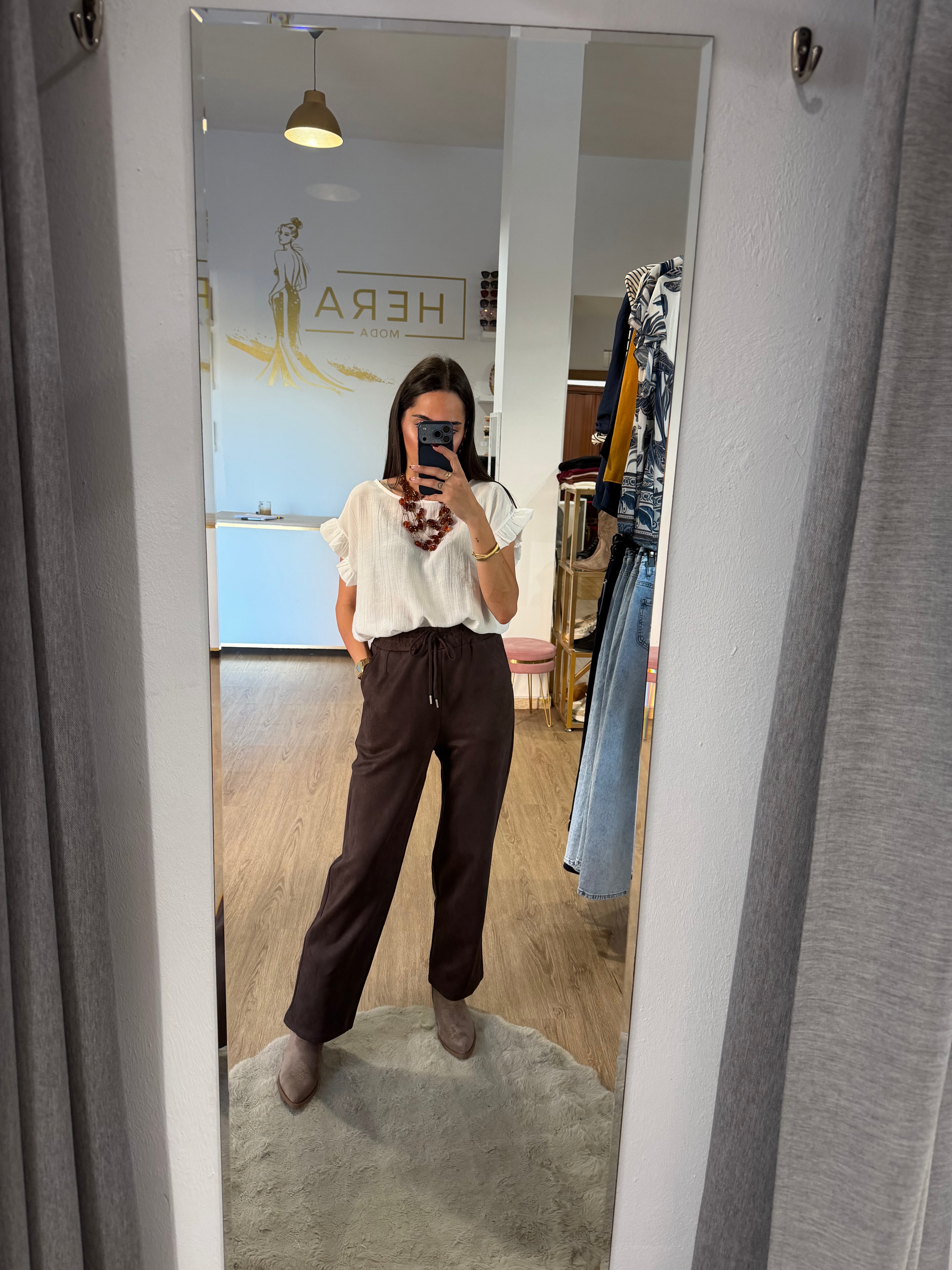Pantalón recto de ante con Cintura elástica / Pantalón jogger suave y elegante