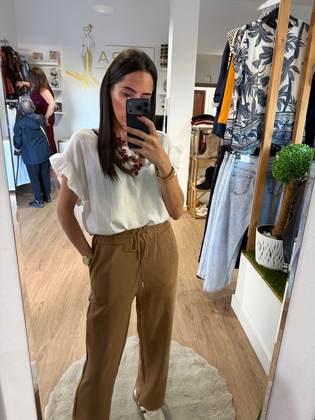 Pantalón recto de ante con Cintura elástica / Pantalón jogger suave y elegante