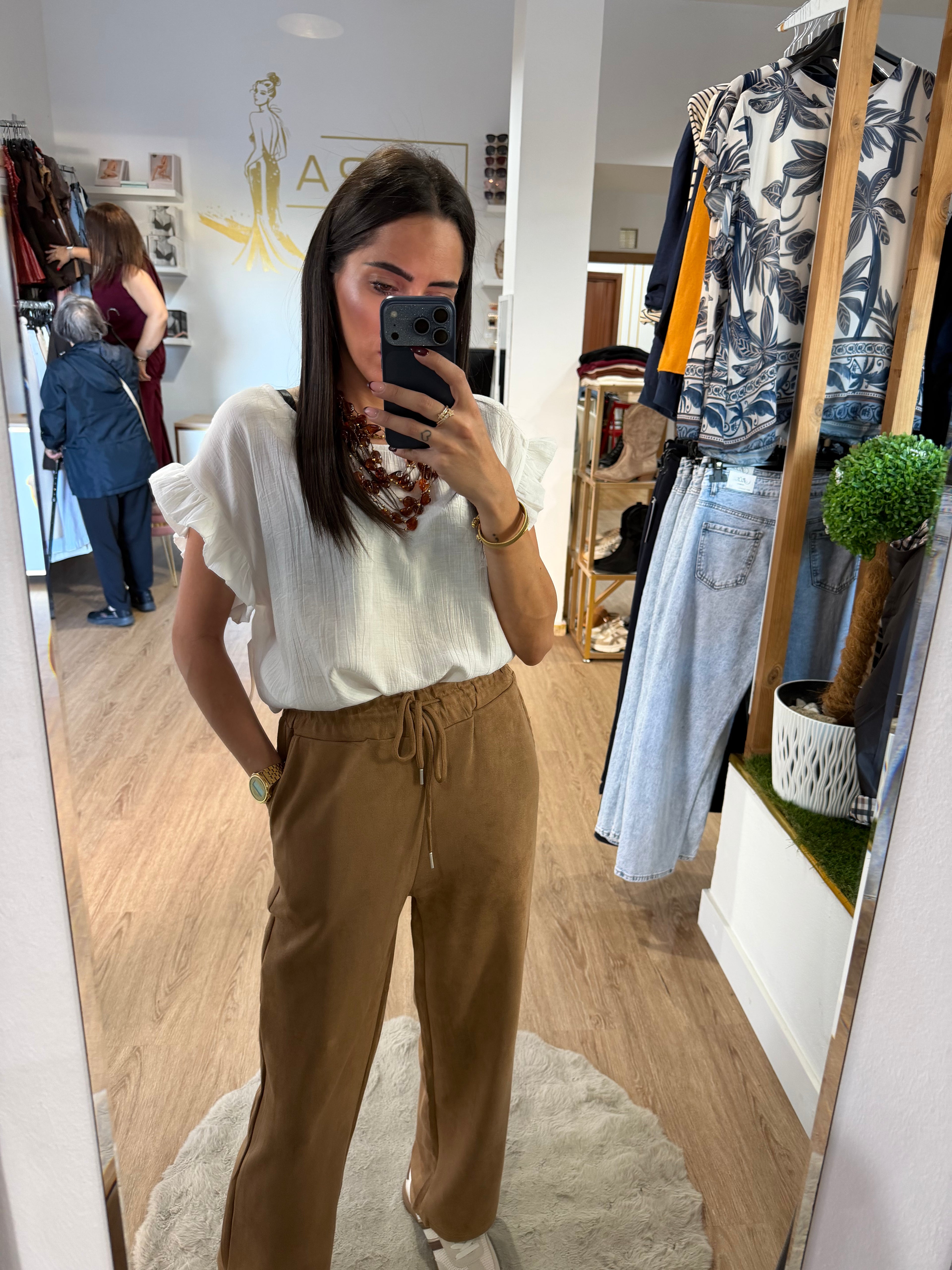 Pantalón recto de ante con Cintura elástica / Pantalón jogger suave y elegante
