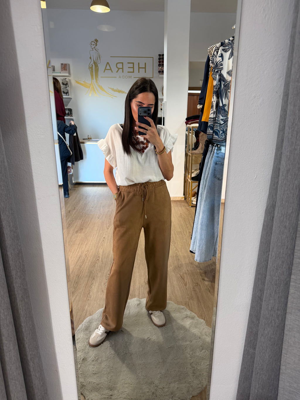 Pantalón recto de ante con Cintura elástica / Pantalón jogger suave y elegante