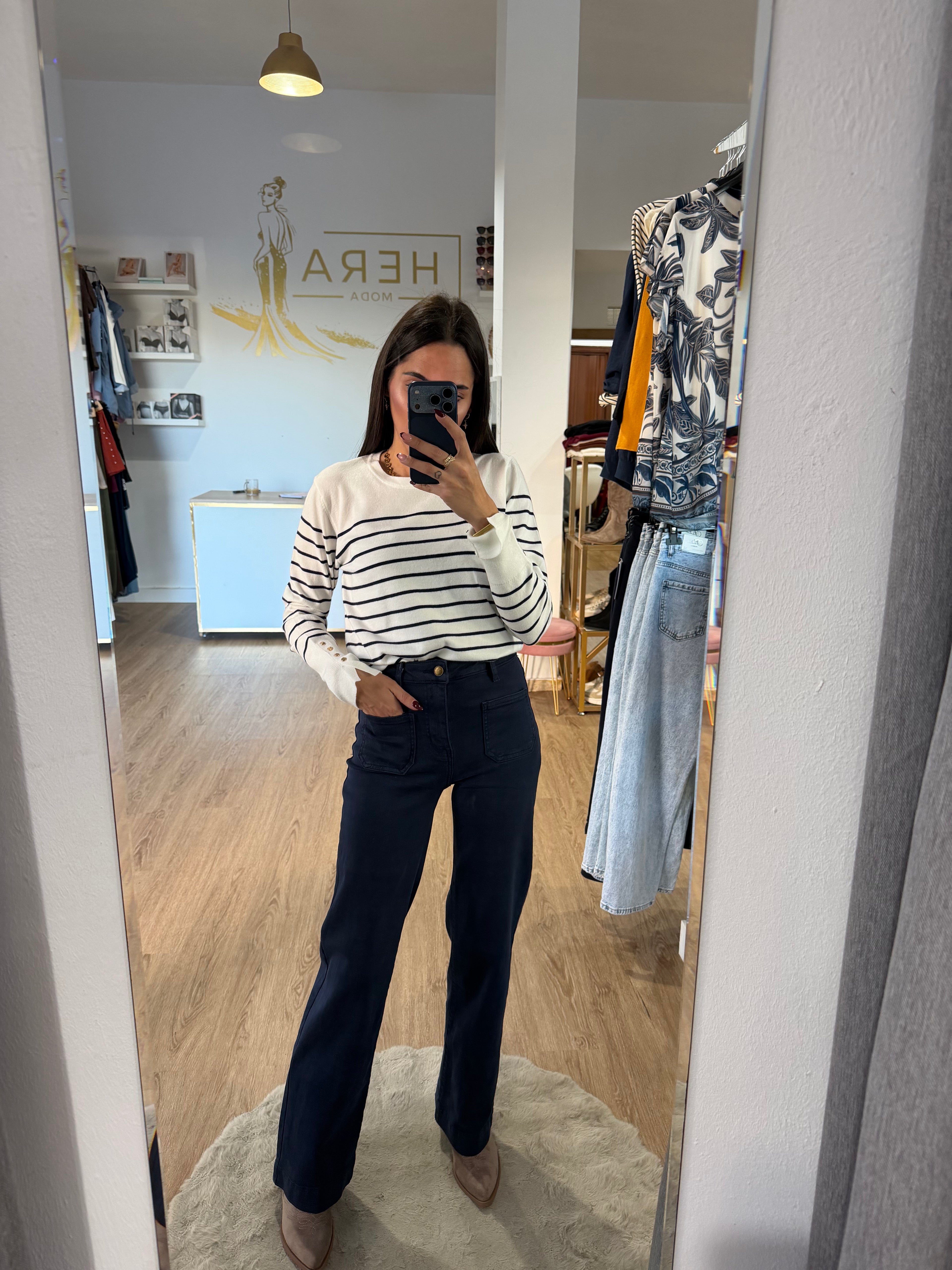 Pantalón Vaquero Wide leg con bolsillos / Jeans tiro alto azul marino