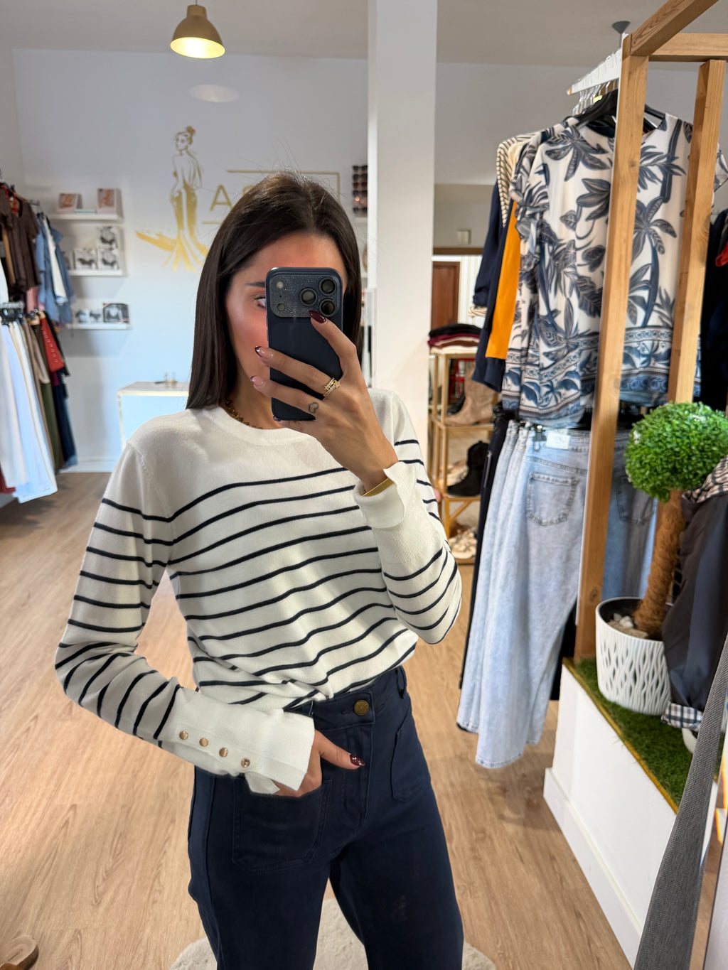 Jersey de Punto a Rayas con Botones en los puños / Jersey Estilo Marinero Chic