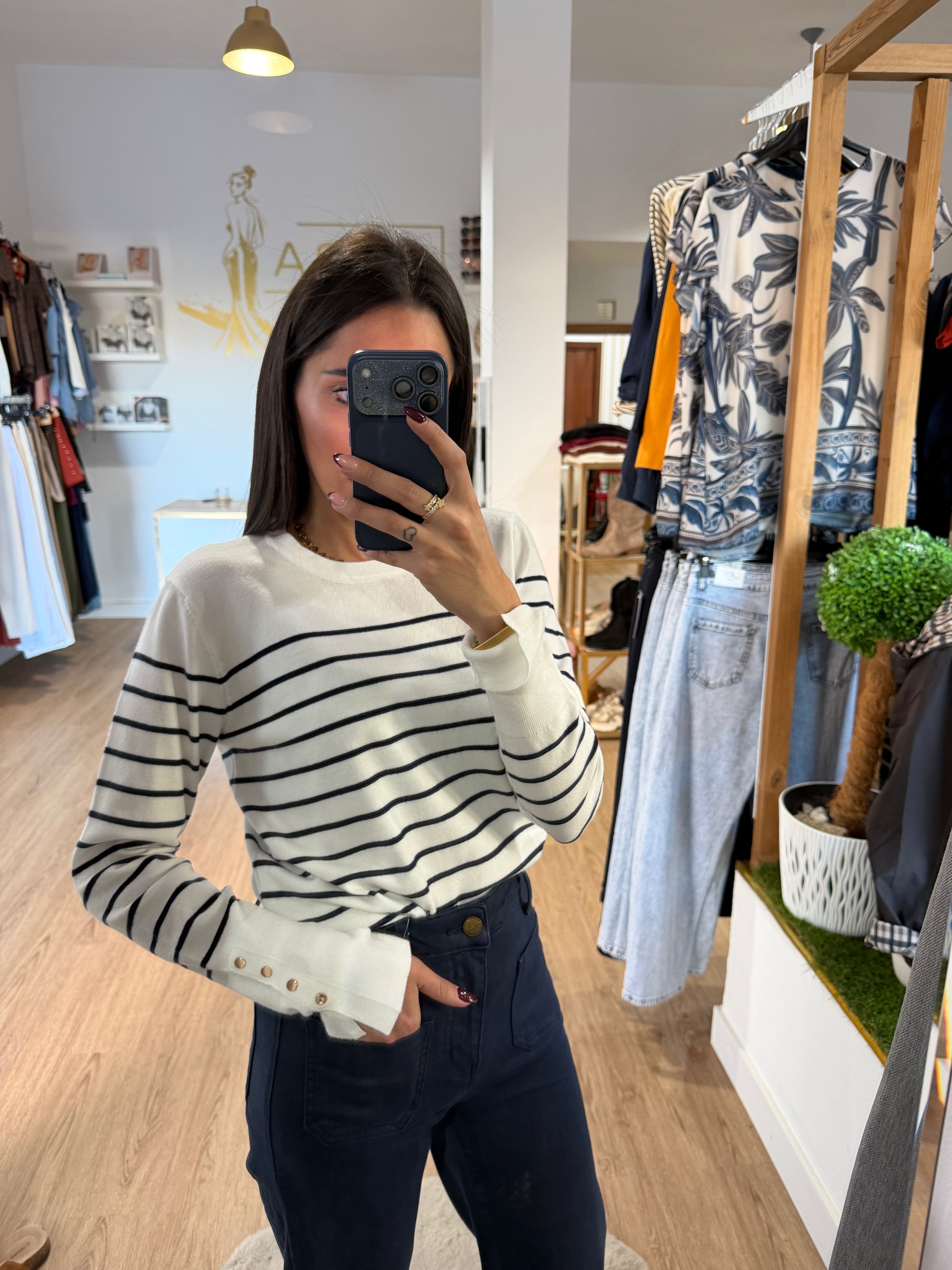 Jersey de Punto a Rayas con Botones en los puños / Jersey Estilo Marinero Chic