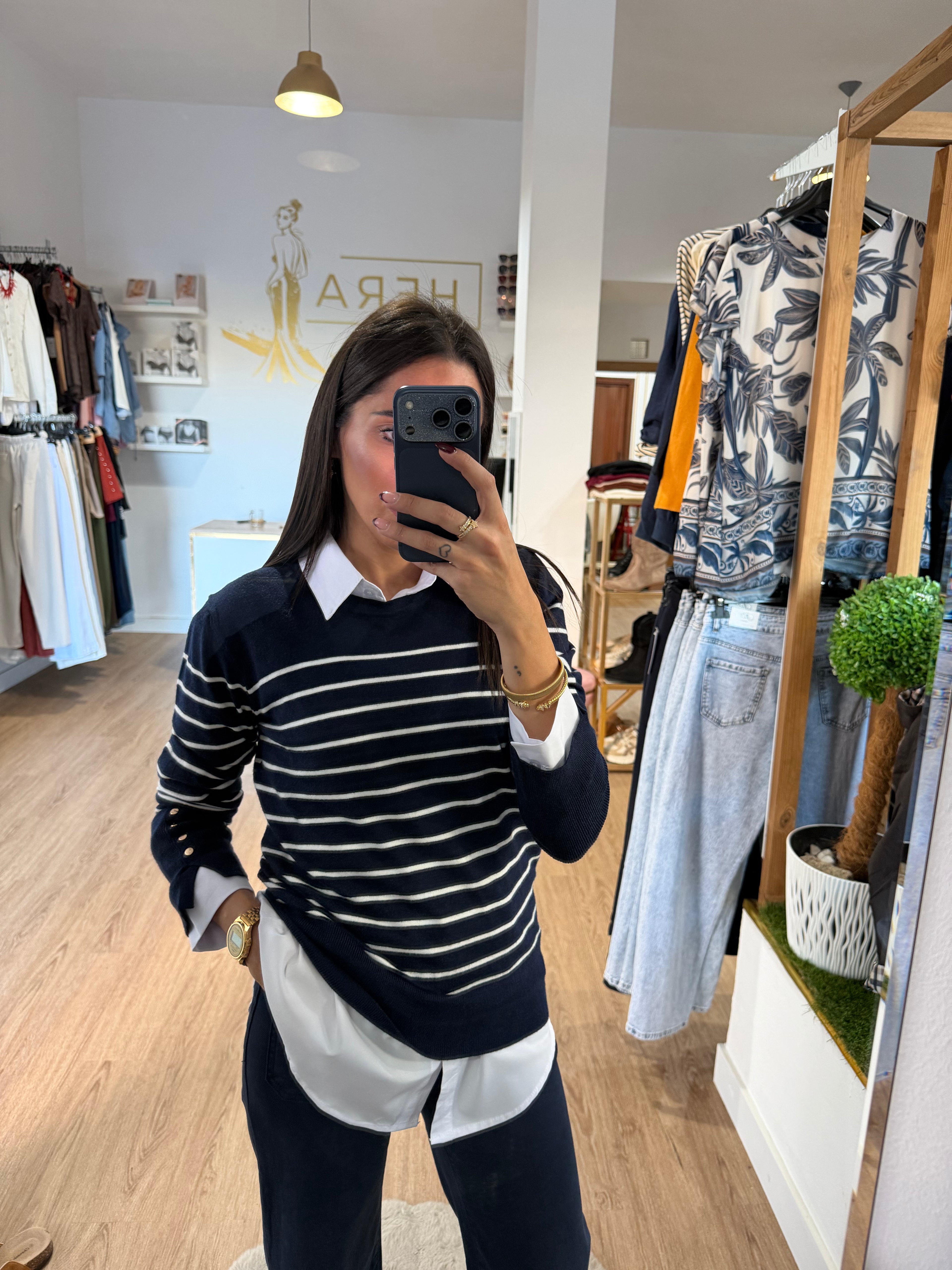 Jersey de Punto a Rayas con Botones en los puños / Jersey Estilo Marinero Chic