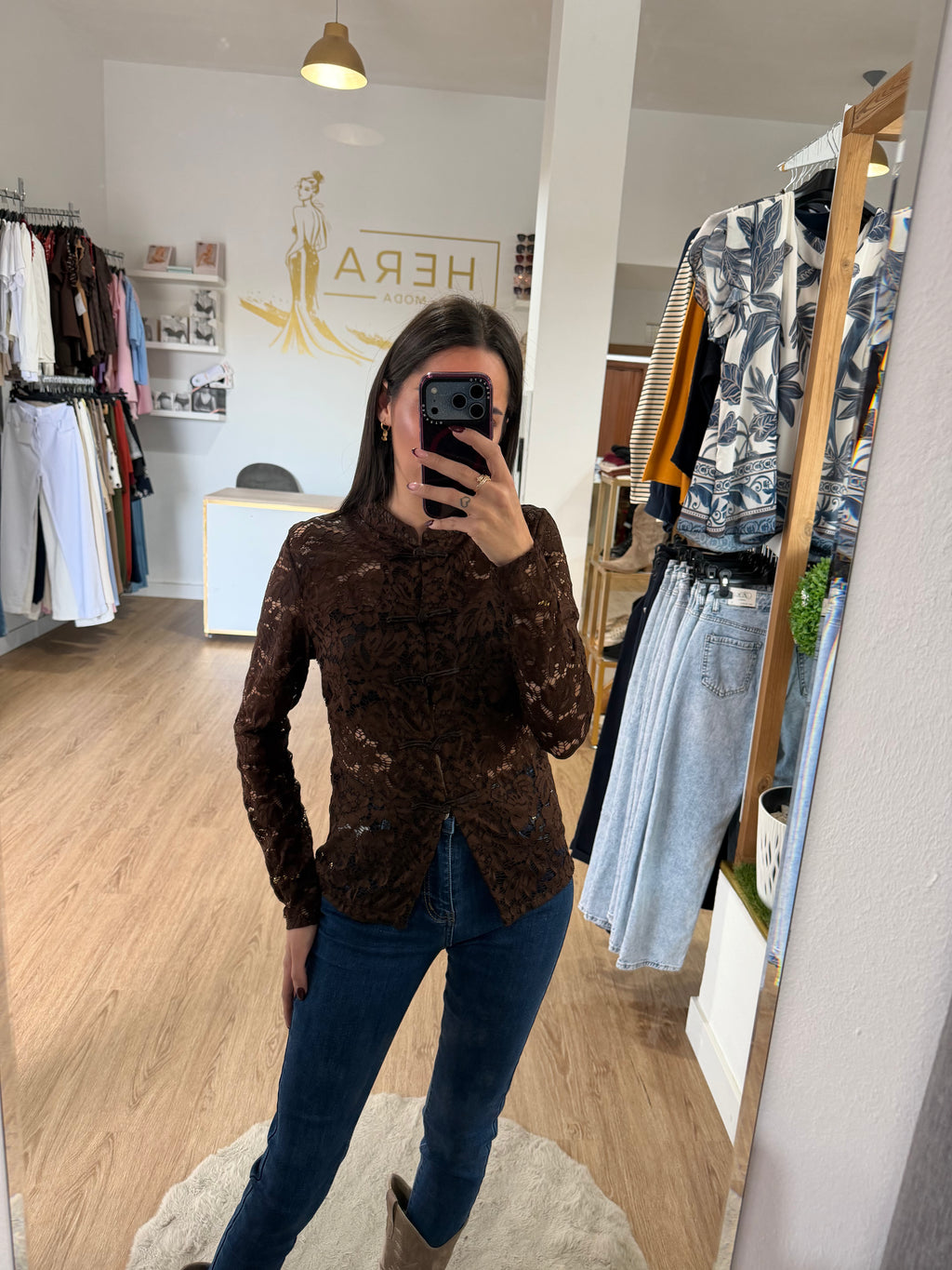 Blusa Encaje con Cuello Mao y Botones / Top Romántico burdeos