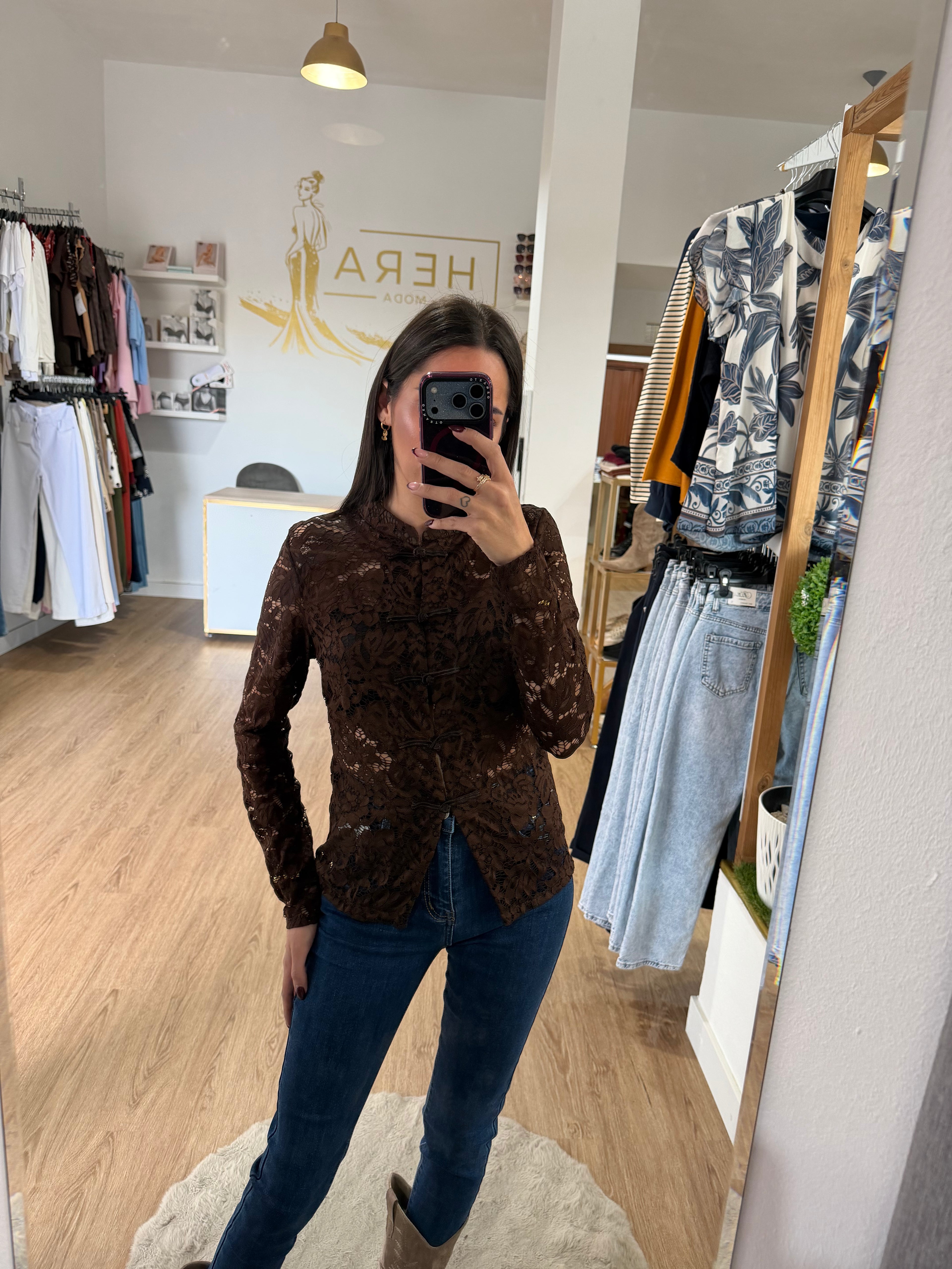 Blusa Encaje con Cuello Mao y Botones / Top Romántico burdeos