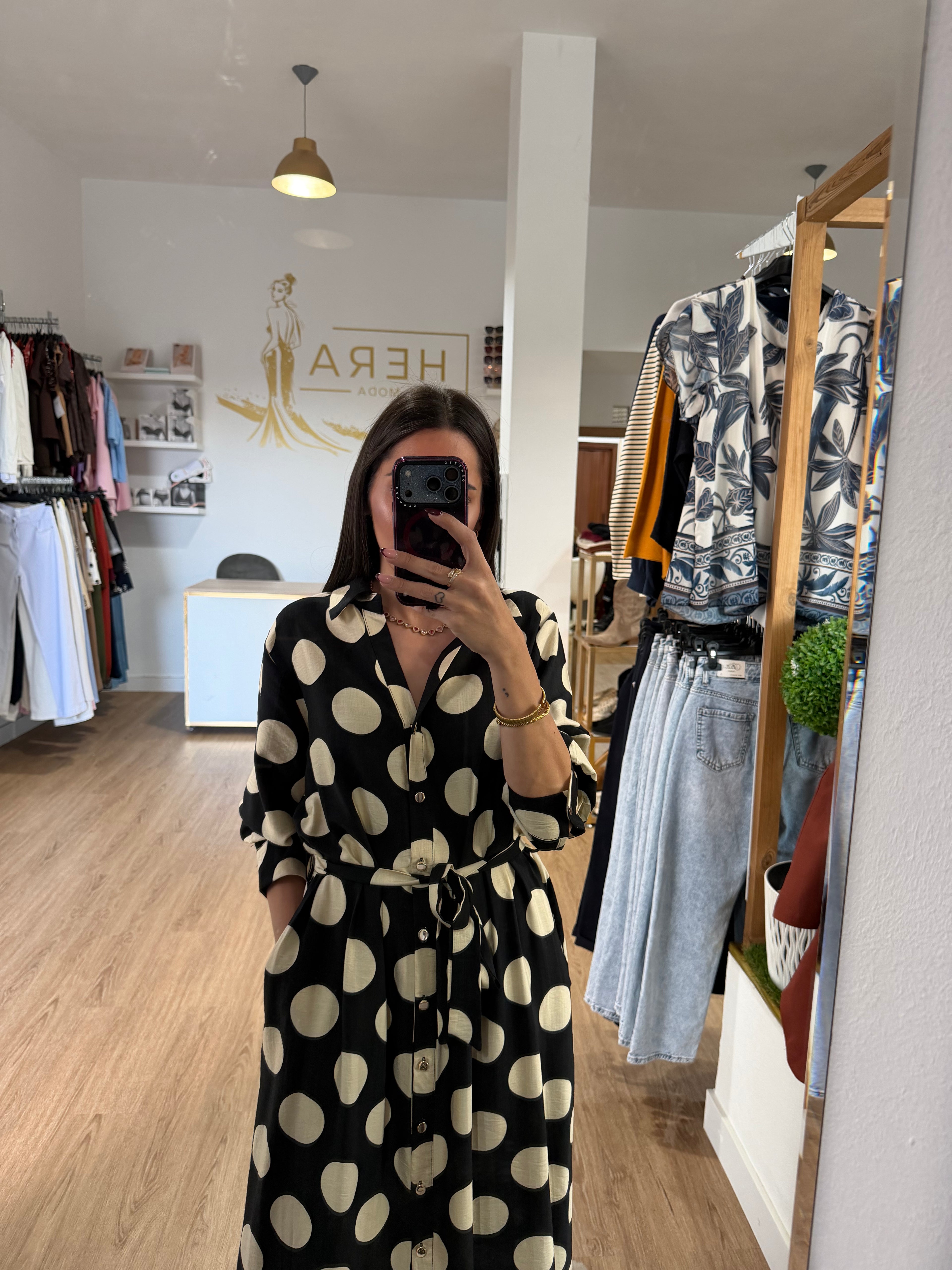 Vestido Camisero Midi Lunares con Cinturón / Vestido Fluido de Lunares