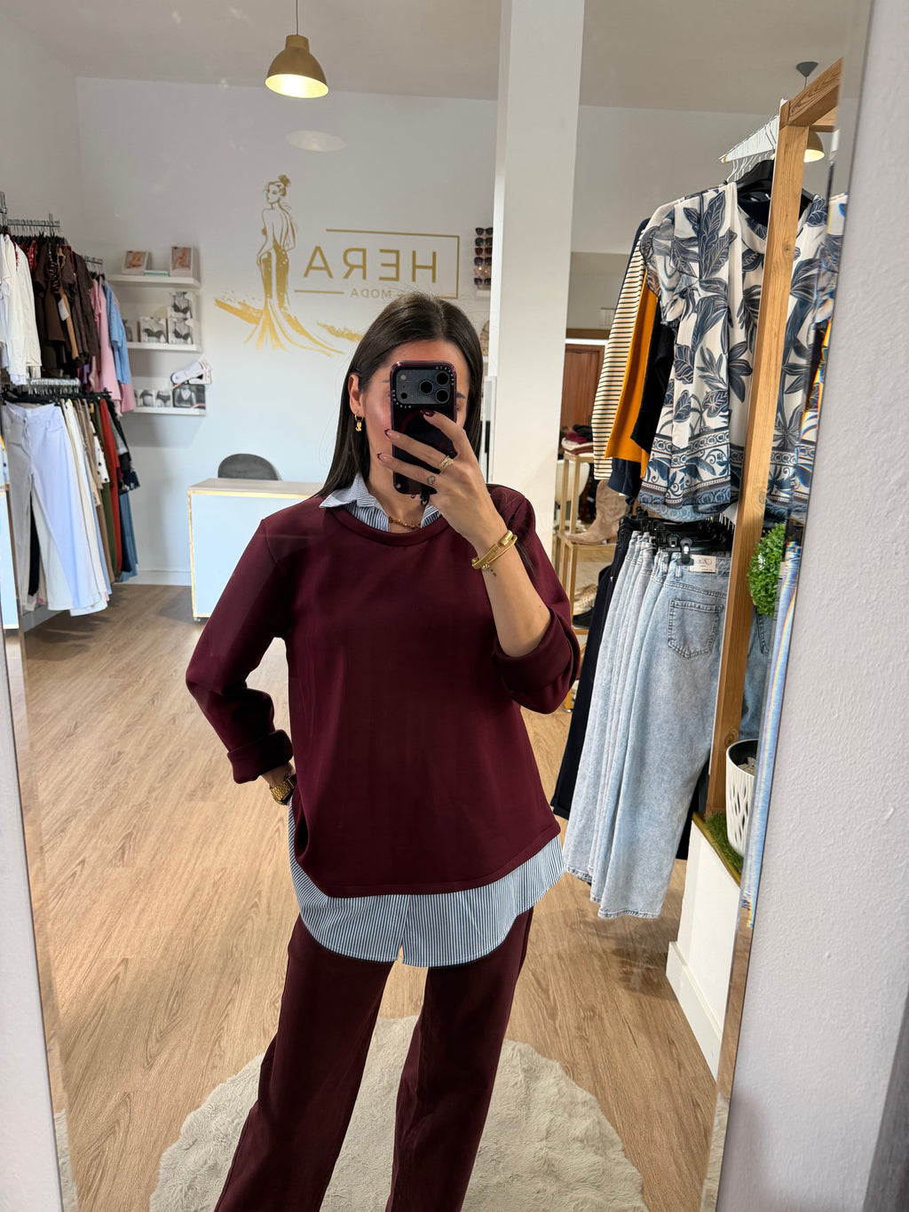 Sudadera Doble Efecto Camisa de Rayas / Jersey con Cuello y bajo Camisero