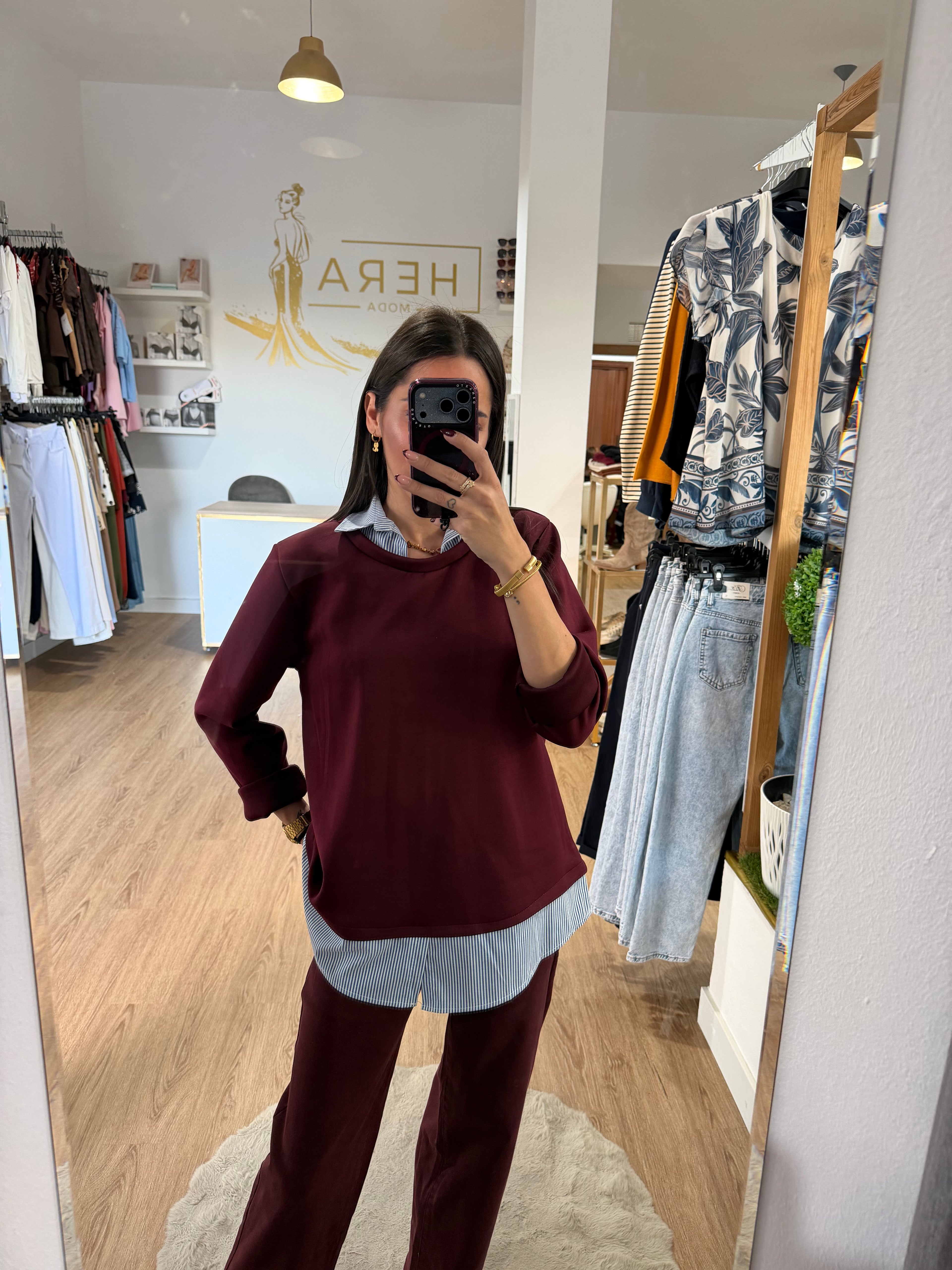 Sudadera Doble Efecto Camisa de Rayas / Jersey con Cuello y bajo Camisero