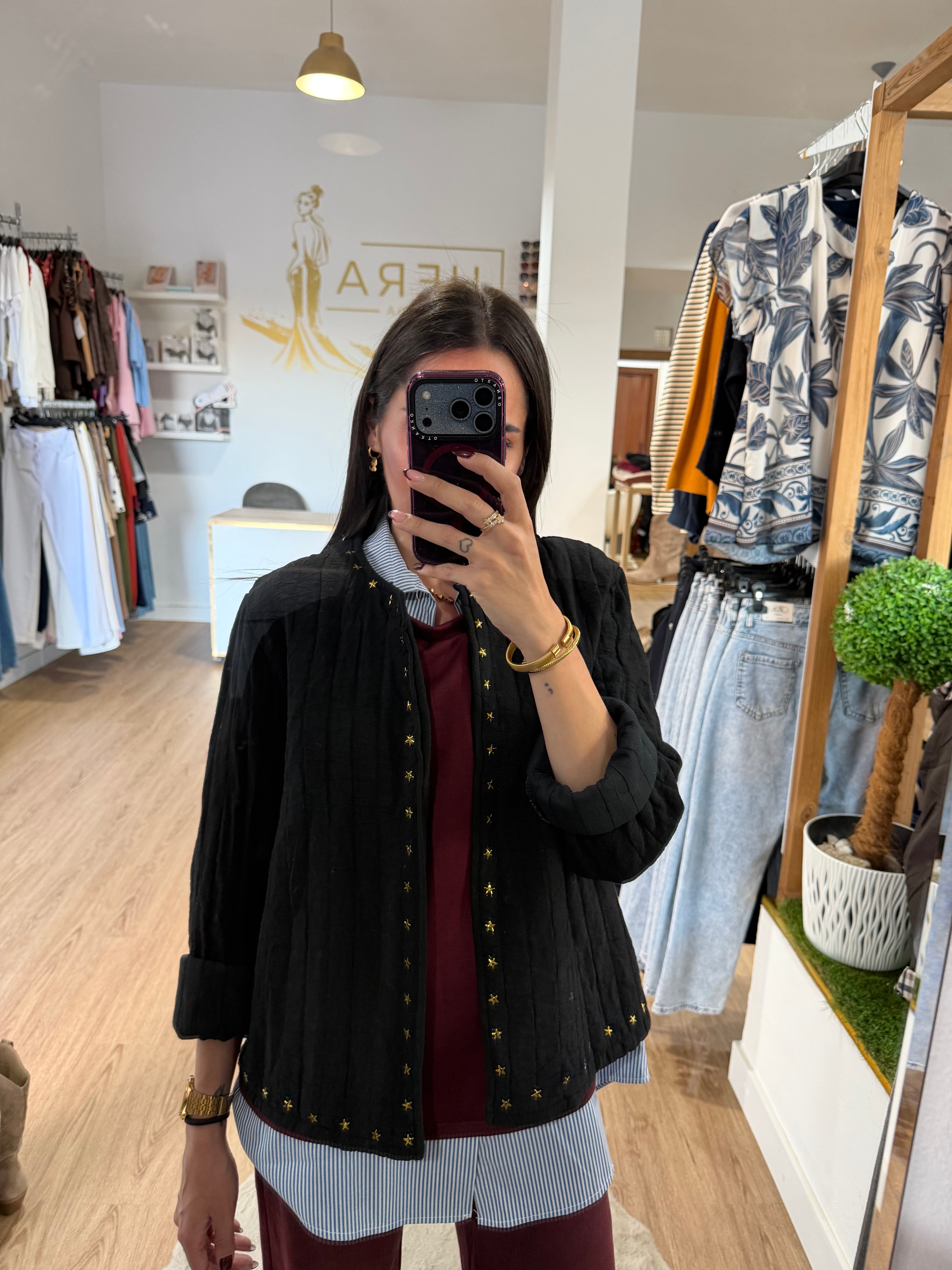 Chaqueta Acolchada Boho con Tachuelas estrella / Chaqueta ligera Abierta