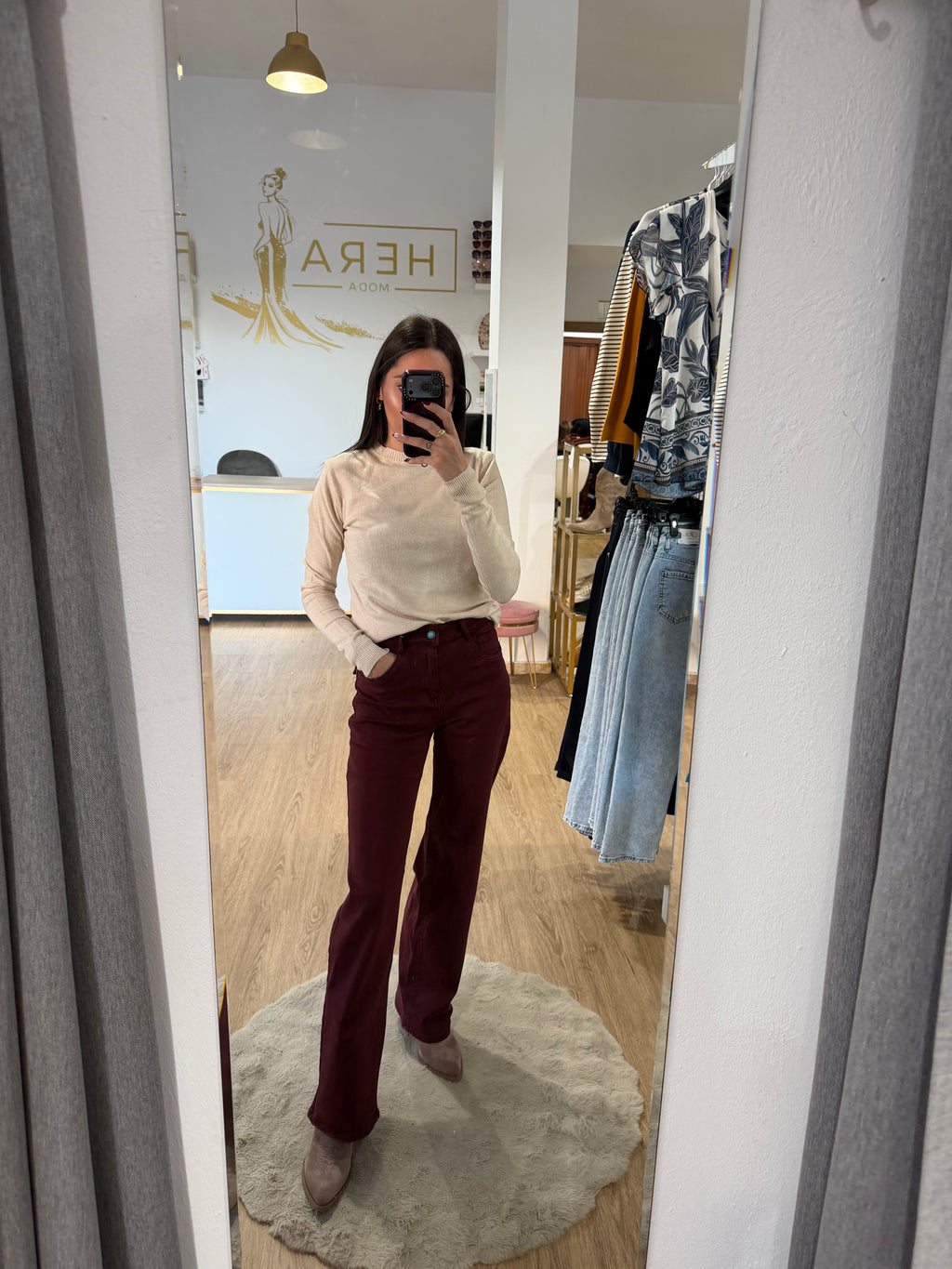Pantalón Jeans Wide Leg Burdeos / Pantalón tiro Alto color Vino