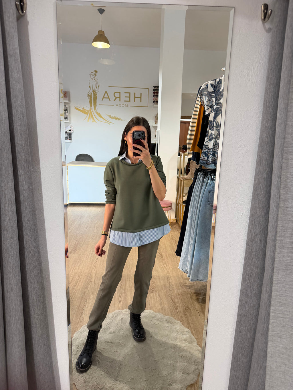 Sudadera Doble Efecto Camisa de Rayas / Jersey con Cuello y bajo Camisero