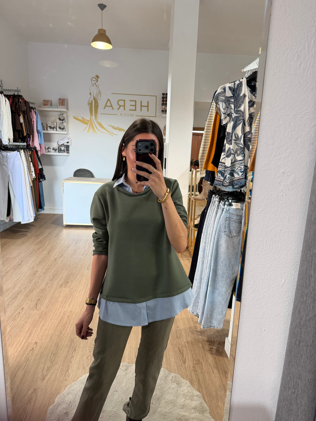 Sudadera Doble Efecto Camisa de Rayas / Jersey con Cuello y bajo Camisero