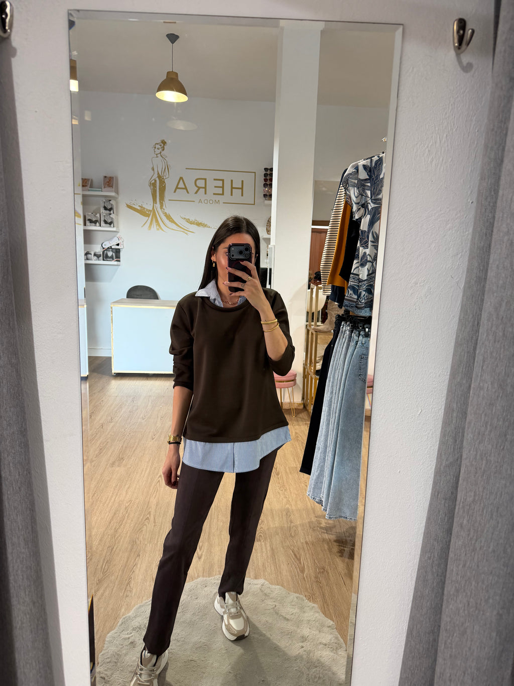 Sudadera Doble Efecto Camisa de Rayas / Jersey con Cuello y bajo Camisero