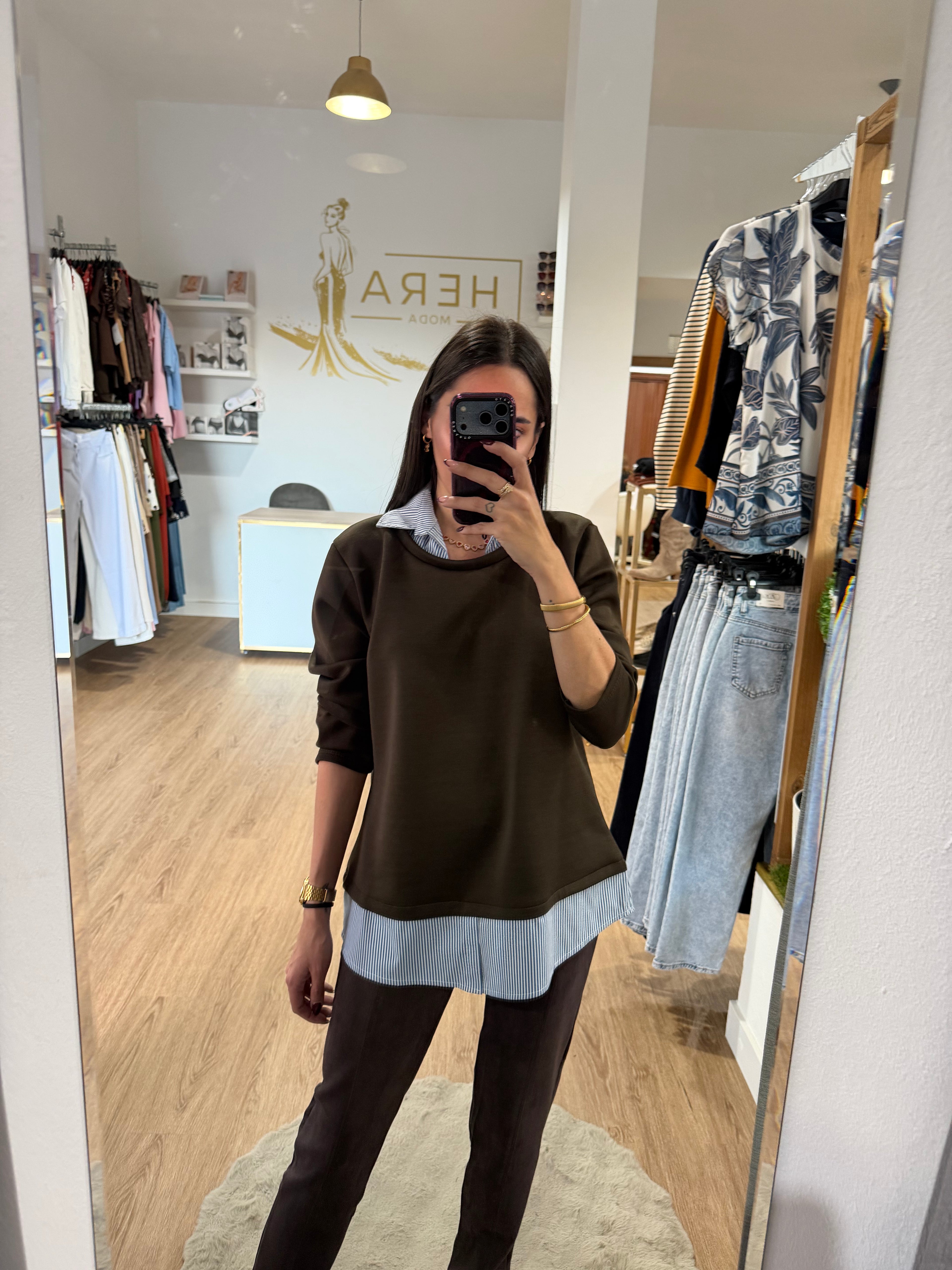Sudadera Doble Efecto Camisa de Rayas / Jersey con Cuello y bajo Camisero
