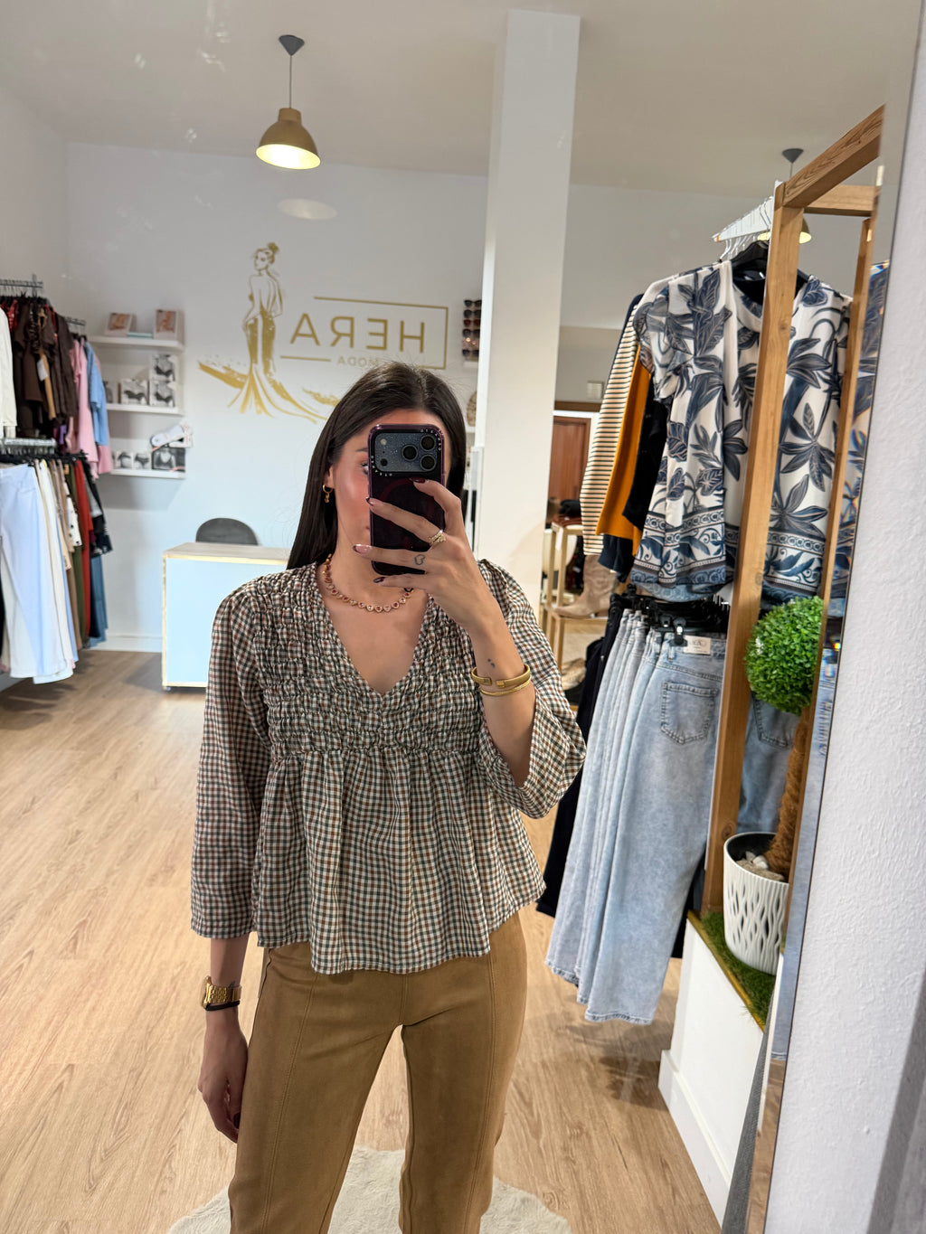 Blusa cuadros con Pecho Nido de Abeja / Top Corte Imperio